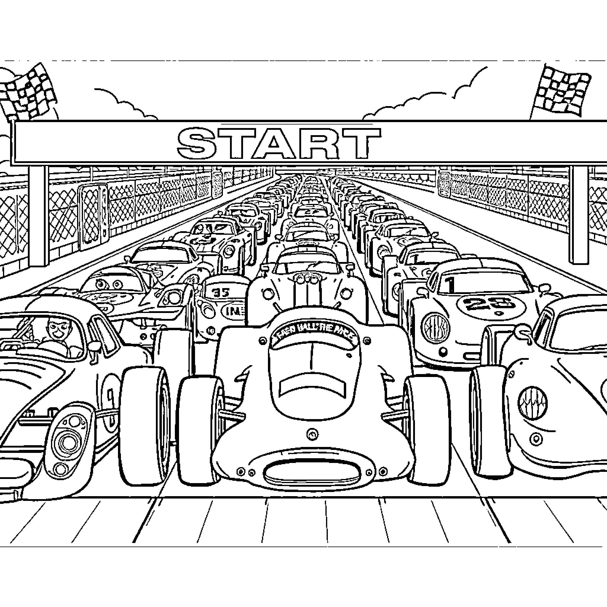 Banger Racing Competitors Lining Up at the Starting Grid Coloring Page (free black-and-white line drawing printable PDF for all, from beginners to advanced learners, including children, teens, adults, and seniors)