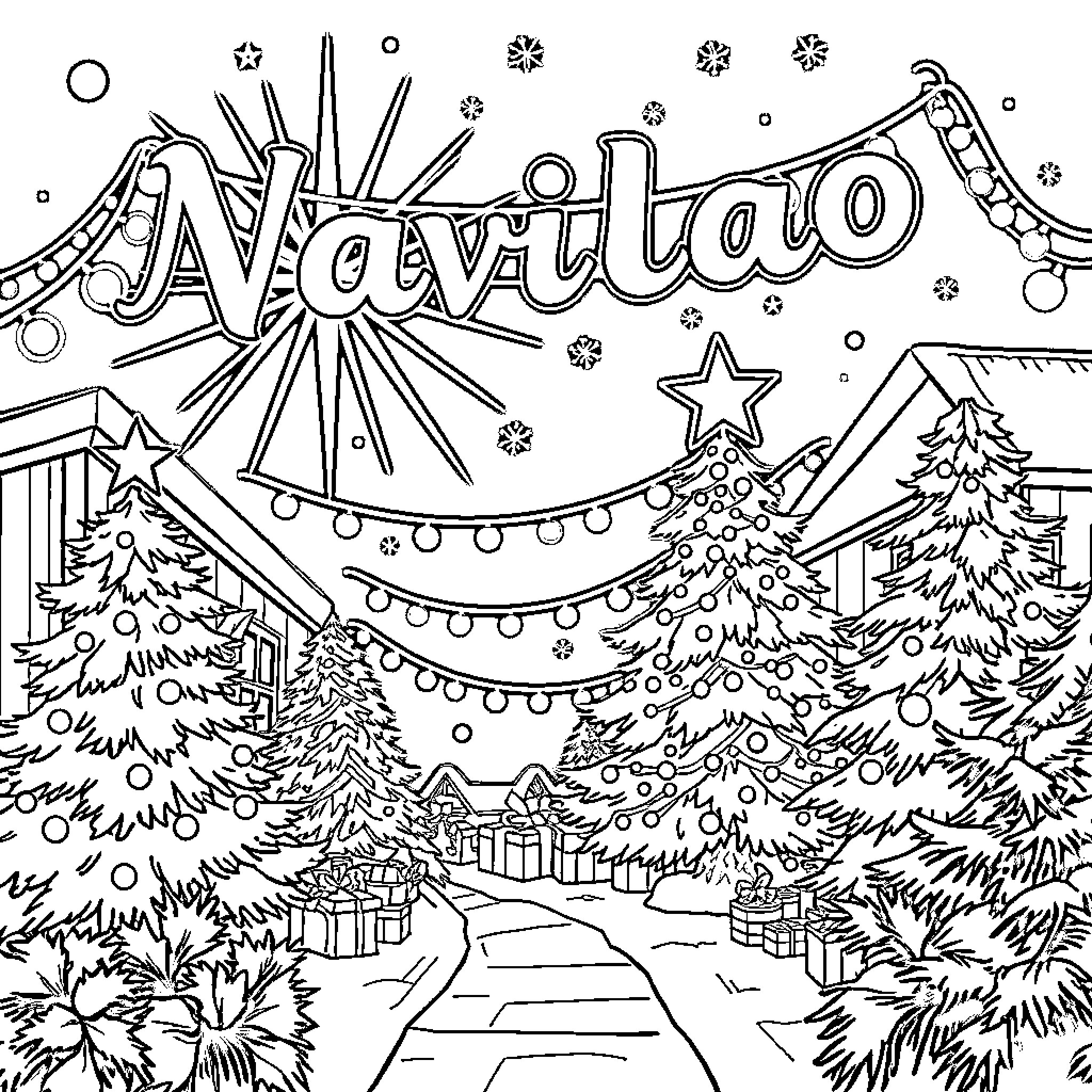 Christmas Celebration in a Festive Winter Wonderland Coloring Page (free black-and-white line drawing printable PDF for all, from beginners to advanced learners, including children, teens, adults, and seniors)