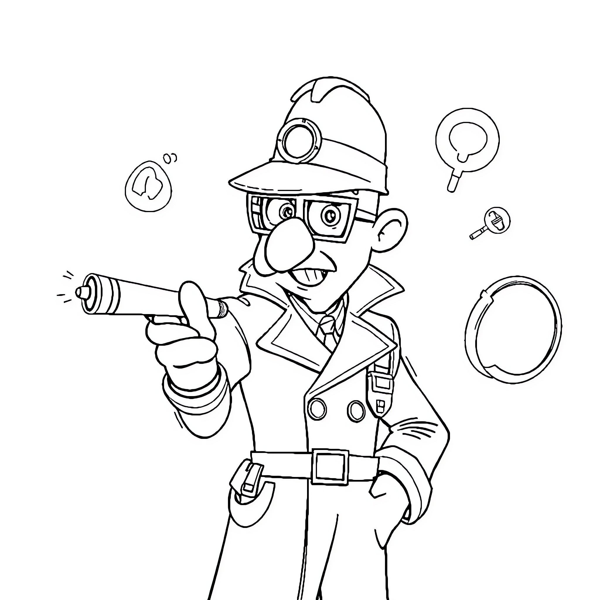Inspector Gadget's Zany Antics and Contraptions Coloring Page (free black-and-white line drawing printable PDF for all, from beginners to advanced learners, including children, teens, adults, and seniors)