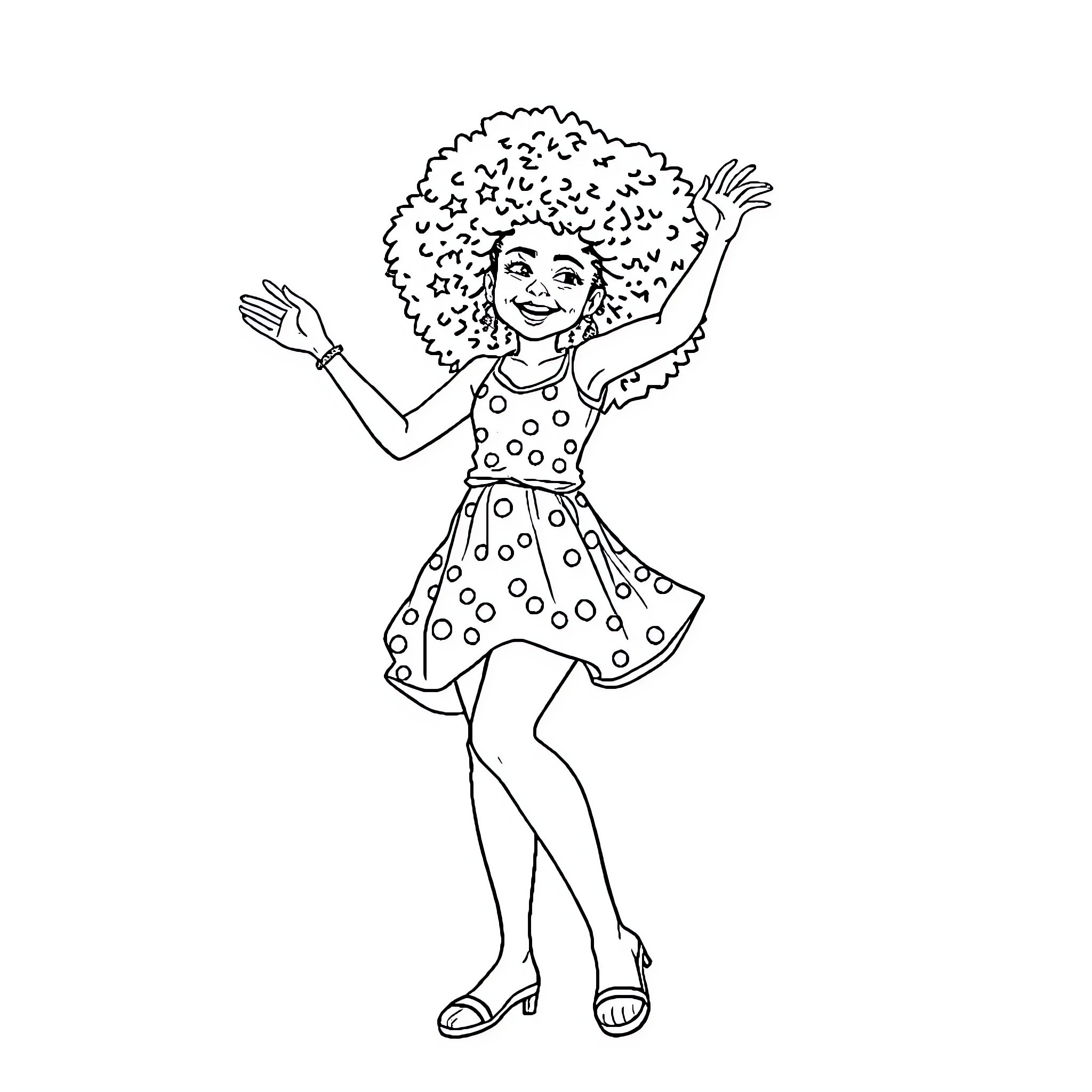 Fille dancing joyfully in polka dot dress Coloring Page (free black-and-white line drawing printable PDF for all, from beginners to advanced learners, including children, teens, adults, and seniors)