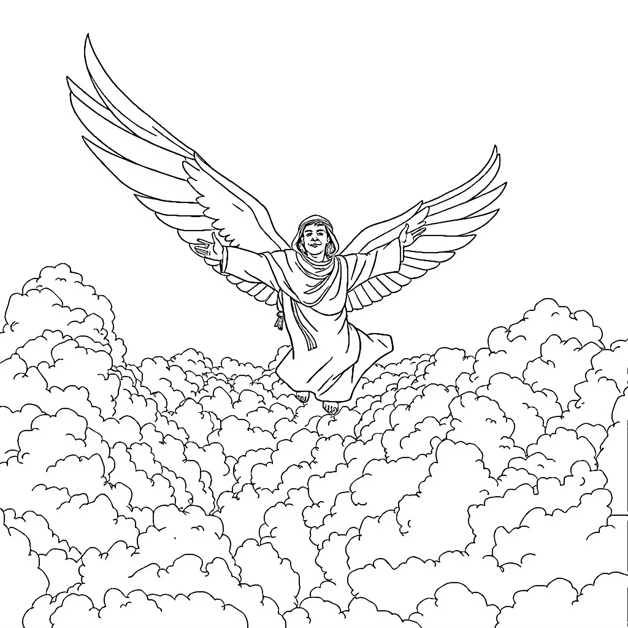 Ibn Firnas soaring high among the clouds Coloring Page (free black-and-white line drawing printable PDF for all, from beginners to advanced learners, including children, teens, adults, and seniors)