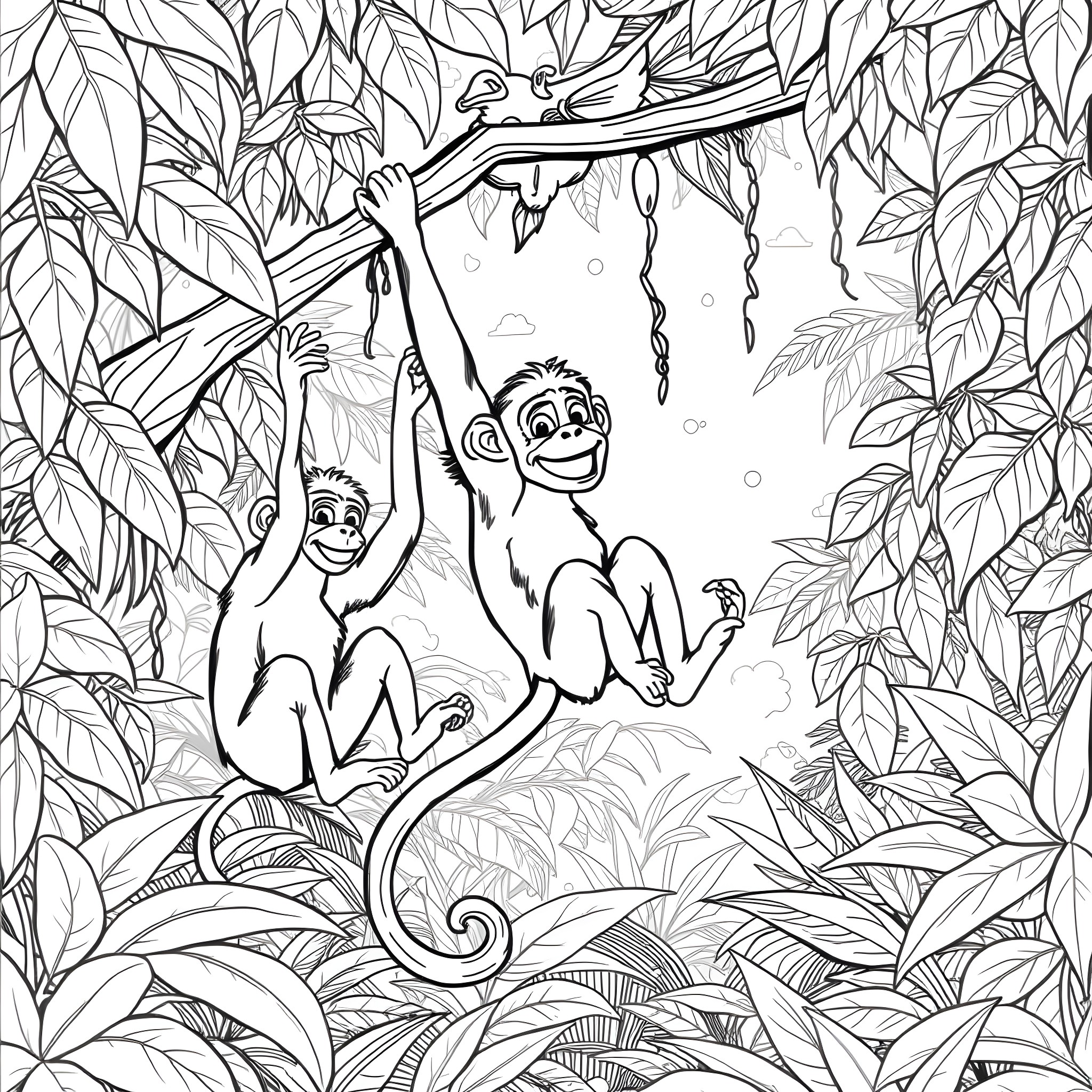 Monkeys playing joyfully in the lush forest Coloring Page (free black-and-white line drawing printable PDF for all, from beginners to advanced learners, including children, teens, adults, and seniors)