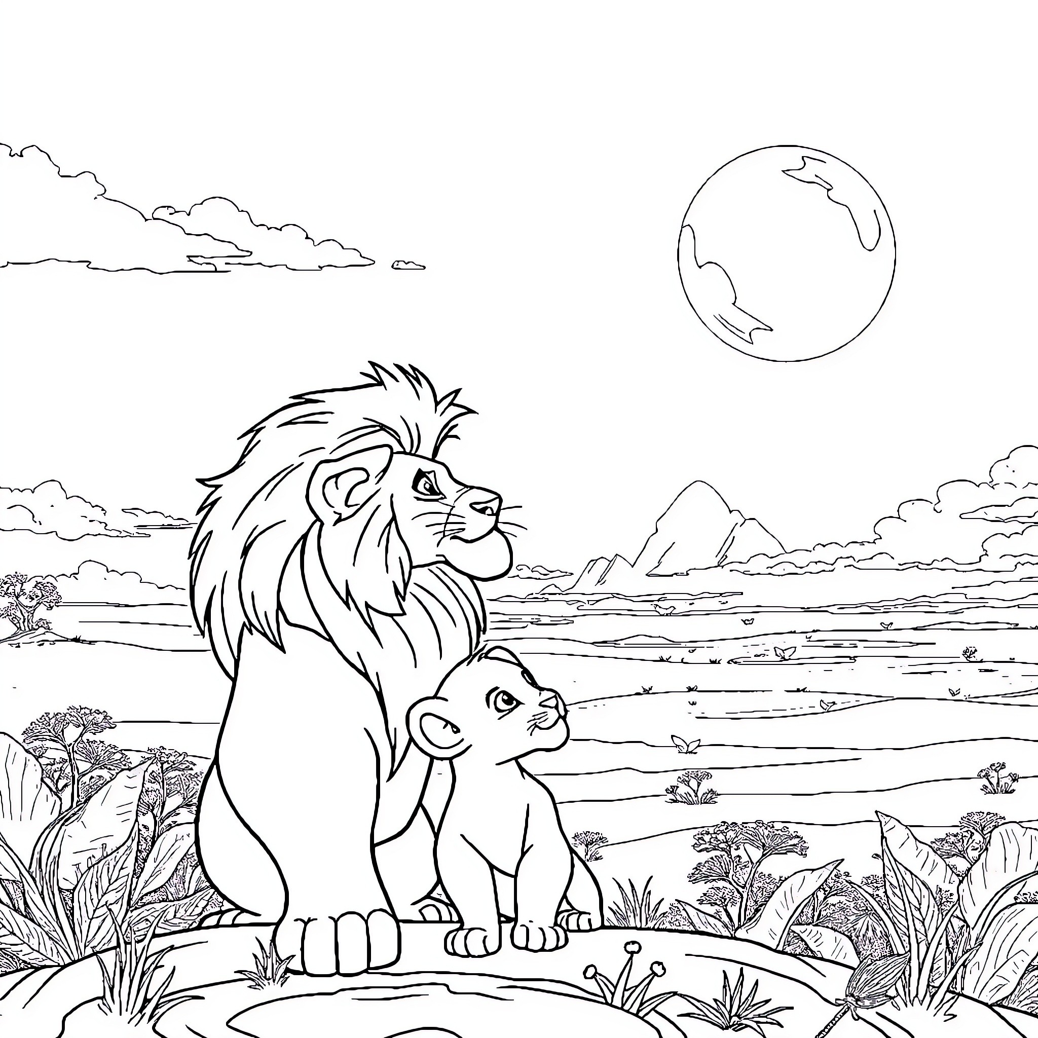 Lion and cub in the African wilderness Coloring Page (free black-and-white line drawing printable PDF for all, from beginners to advanced learners, including children, teens, adults, and seniors)