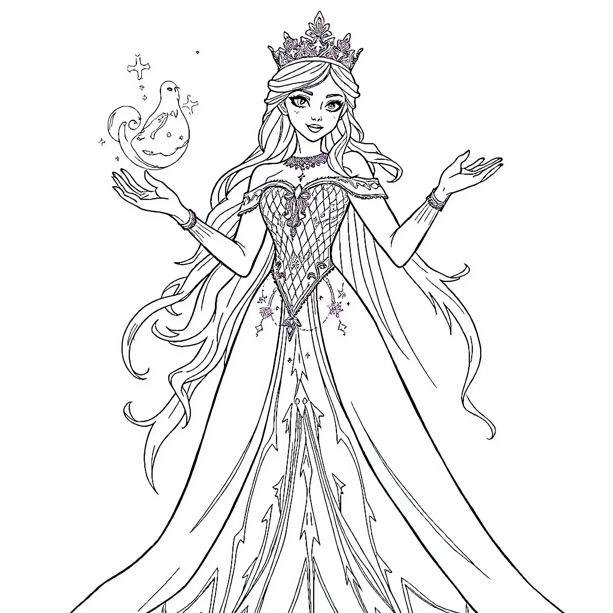 Snow Queen in Elegant Gown and Crown with Magical Companions Coloring Page (free black-and-white line drawing printable PDF for all, from beginners to advanced learners, including children, teens, adults, and seniors)