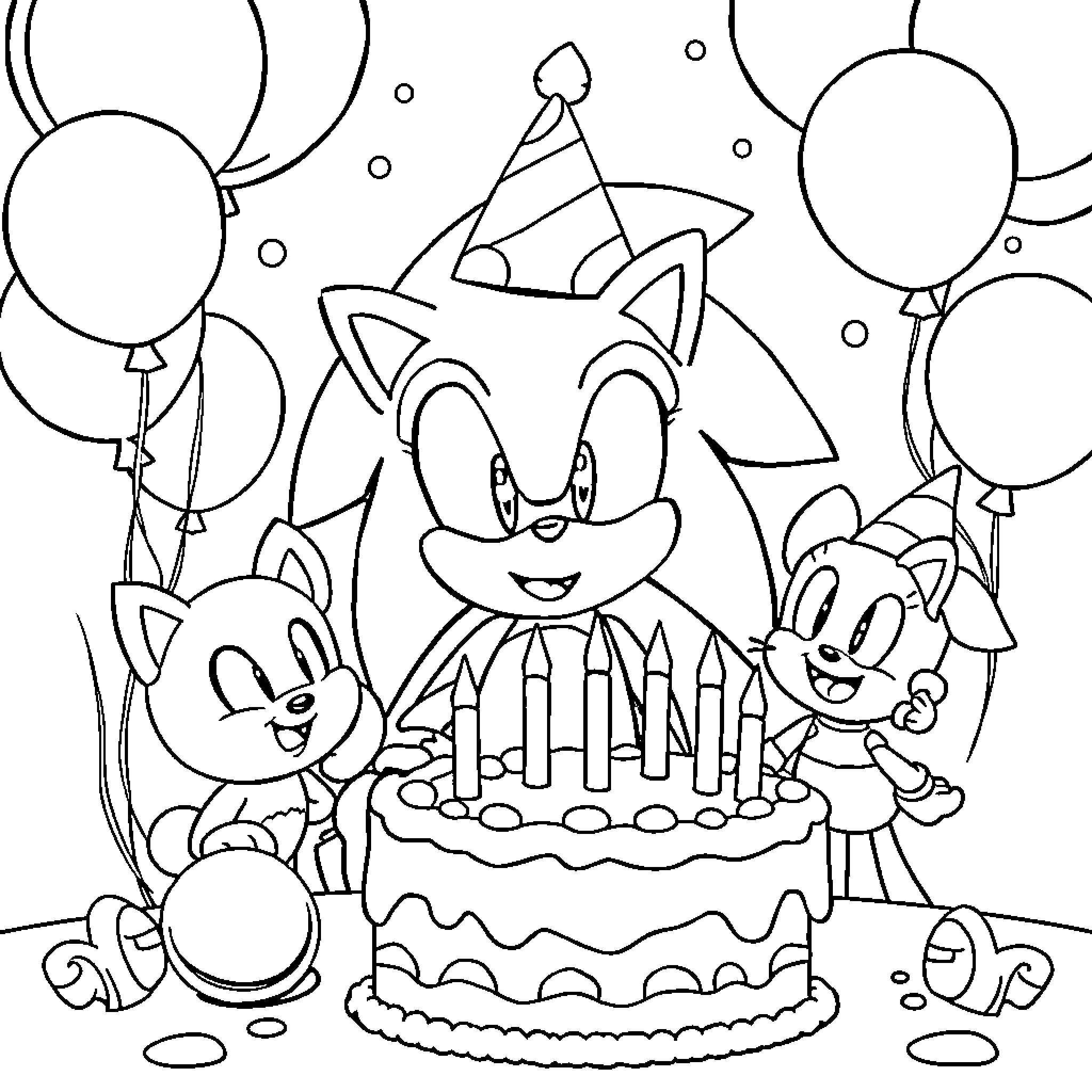 Sonic and Friends Celebrate with Cake and Balloons Coloring Page (free black-and-white line drawing printable PDF for all, from beginners to advanced learners, including children, teens, adults, and seniors)