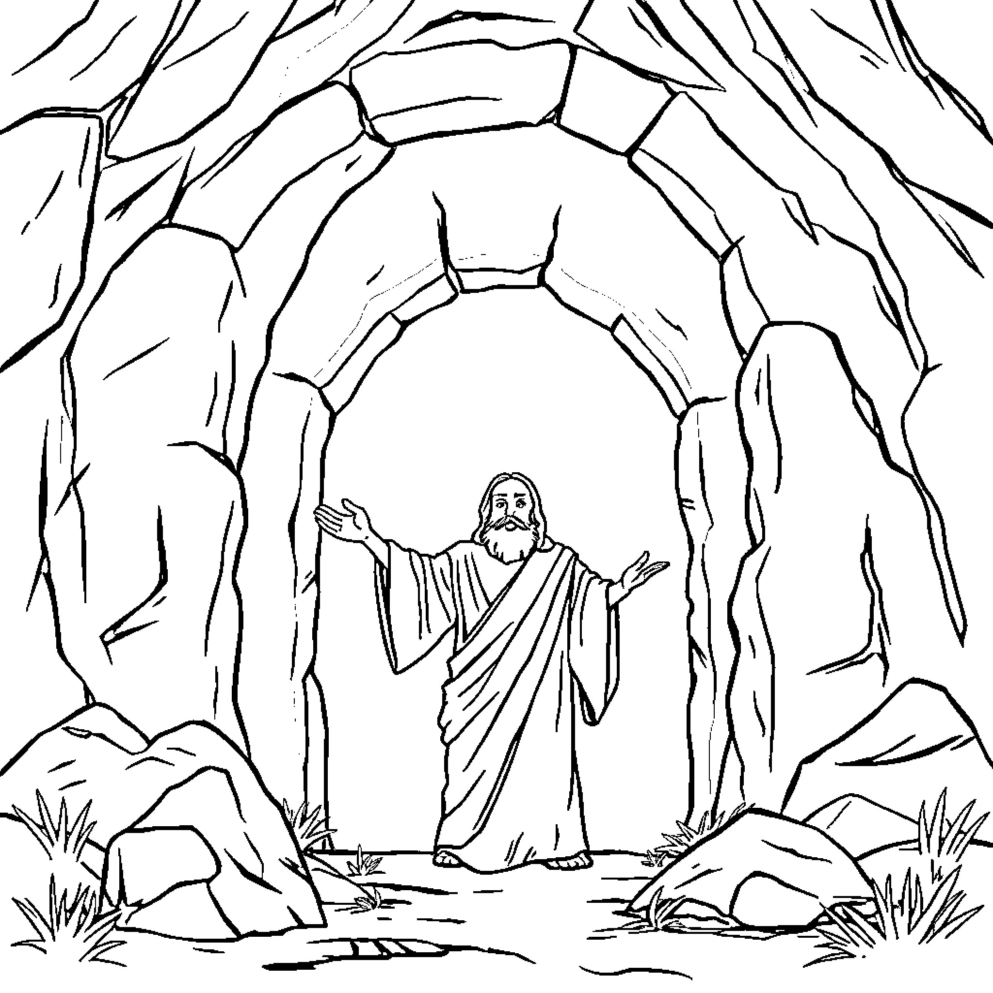 Jesus standing in cave entrance with outstretched arms Coloring Page (free black-and-white line drawing printable PDF for all, from beginners to advanced learners, including children, teens, adults, and seniors)