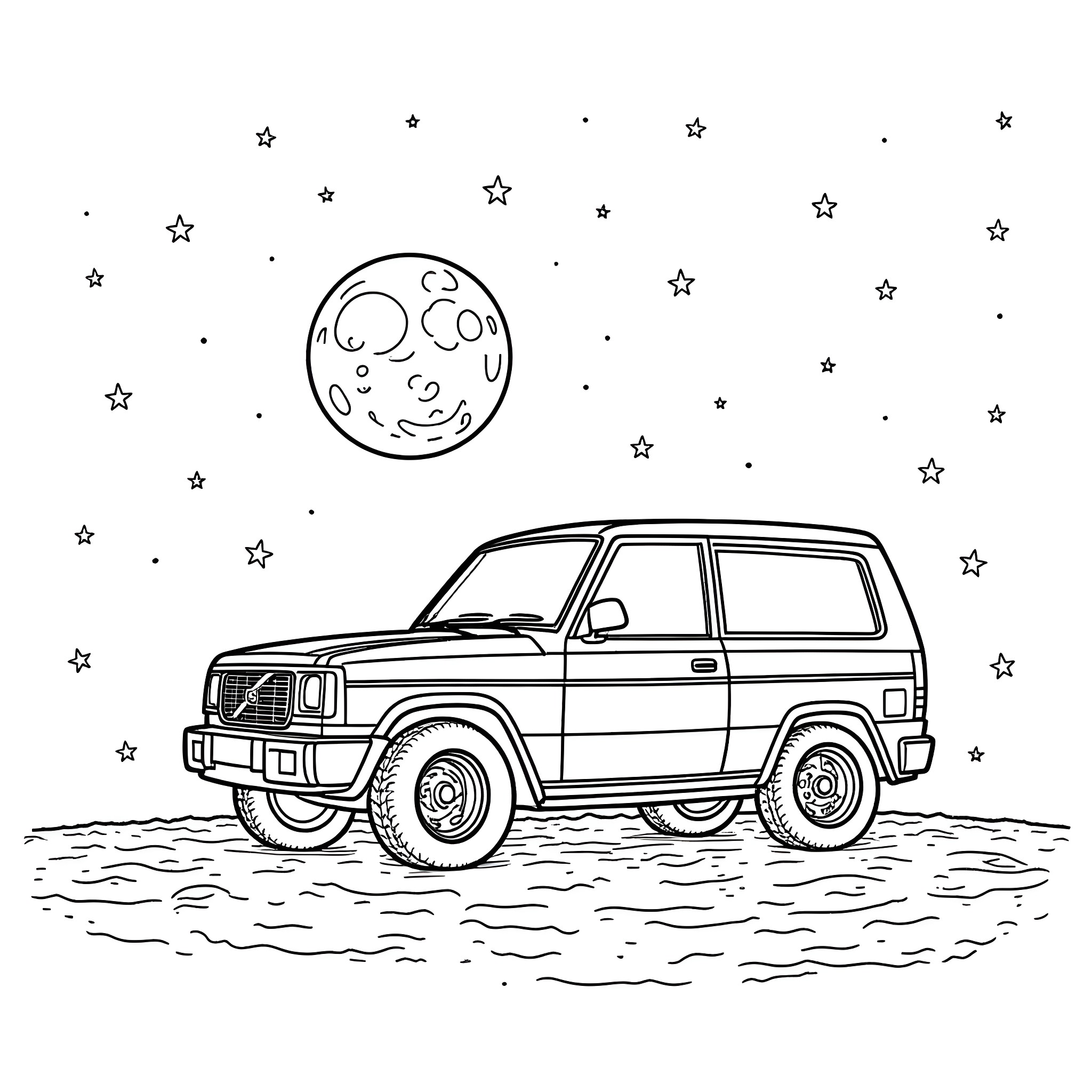 Volvo SUV exploring under the starry night sky Coloring Page (free black-and-white line drawing printable PDF for all, from beginners to advanced learners, including children, teens, adults, and seniors)