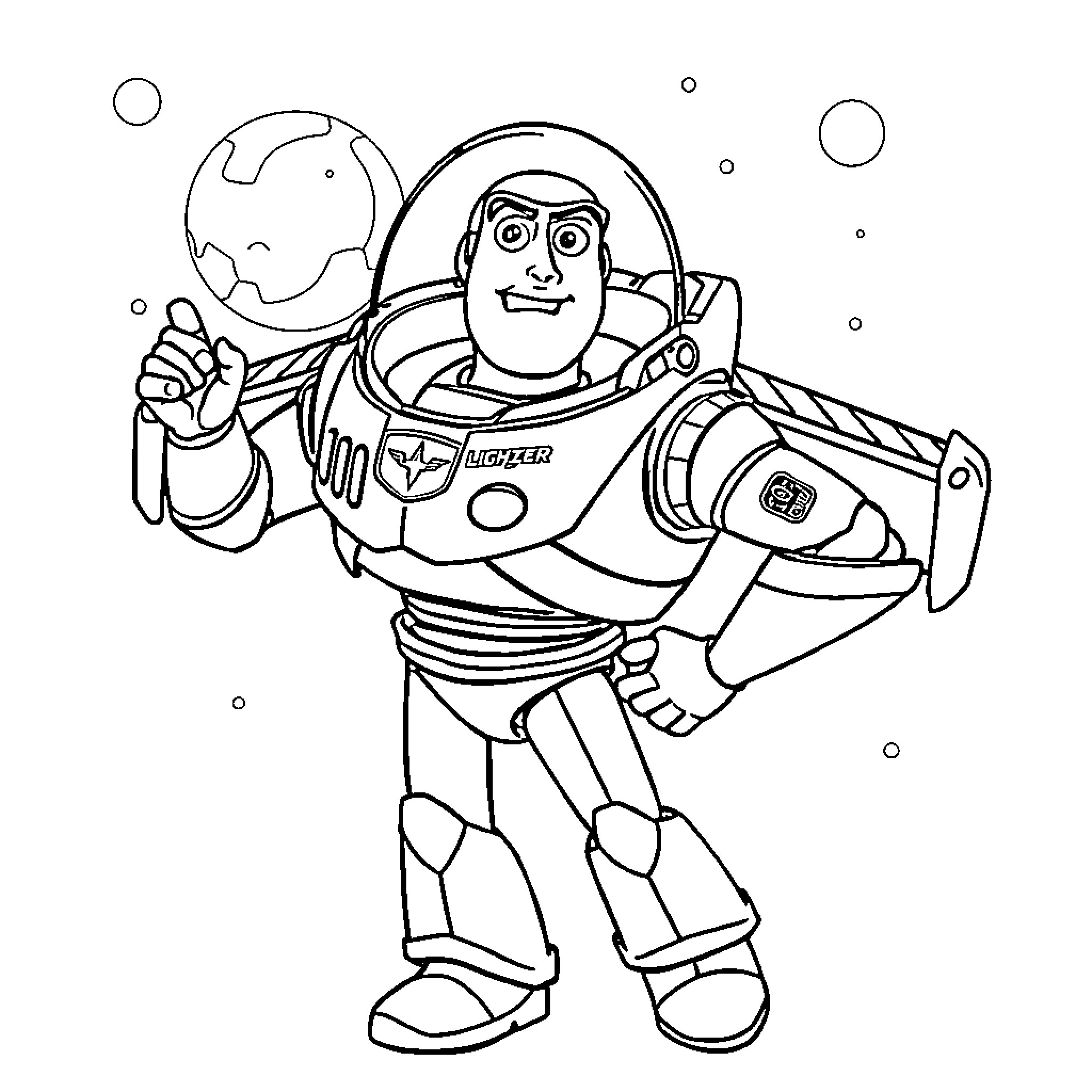 Buzz Lightyear exploring space with enthusiasm Coloring Page (free black-and-white line drawing printable PDF for all, from beginners to advanced learners, including children, teens, adults, and seniors)