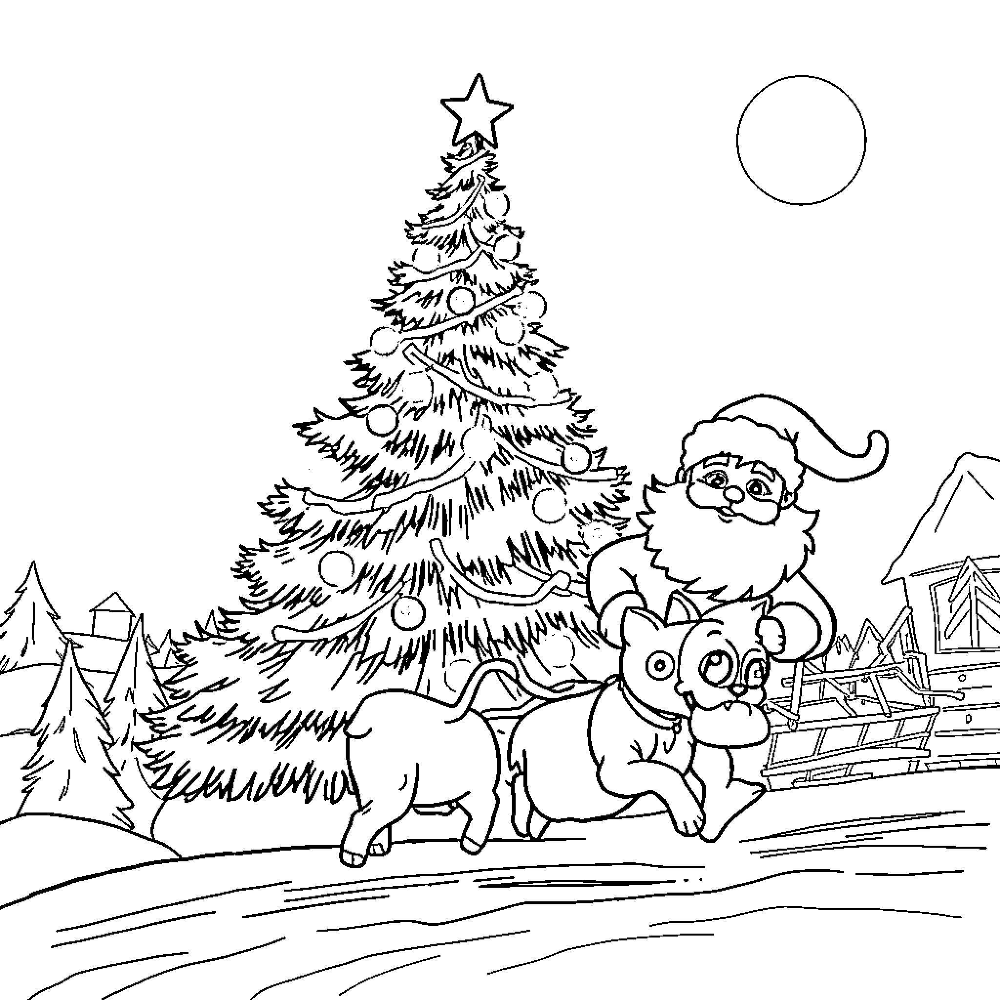 Christmas Tree Decorated with Toys and Santa Claus Coloring Page (free black-and-white line drawing printable PDF for all, from beginners to advanced learners, including children, teens, adults, and seniors)