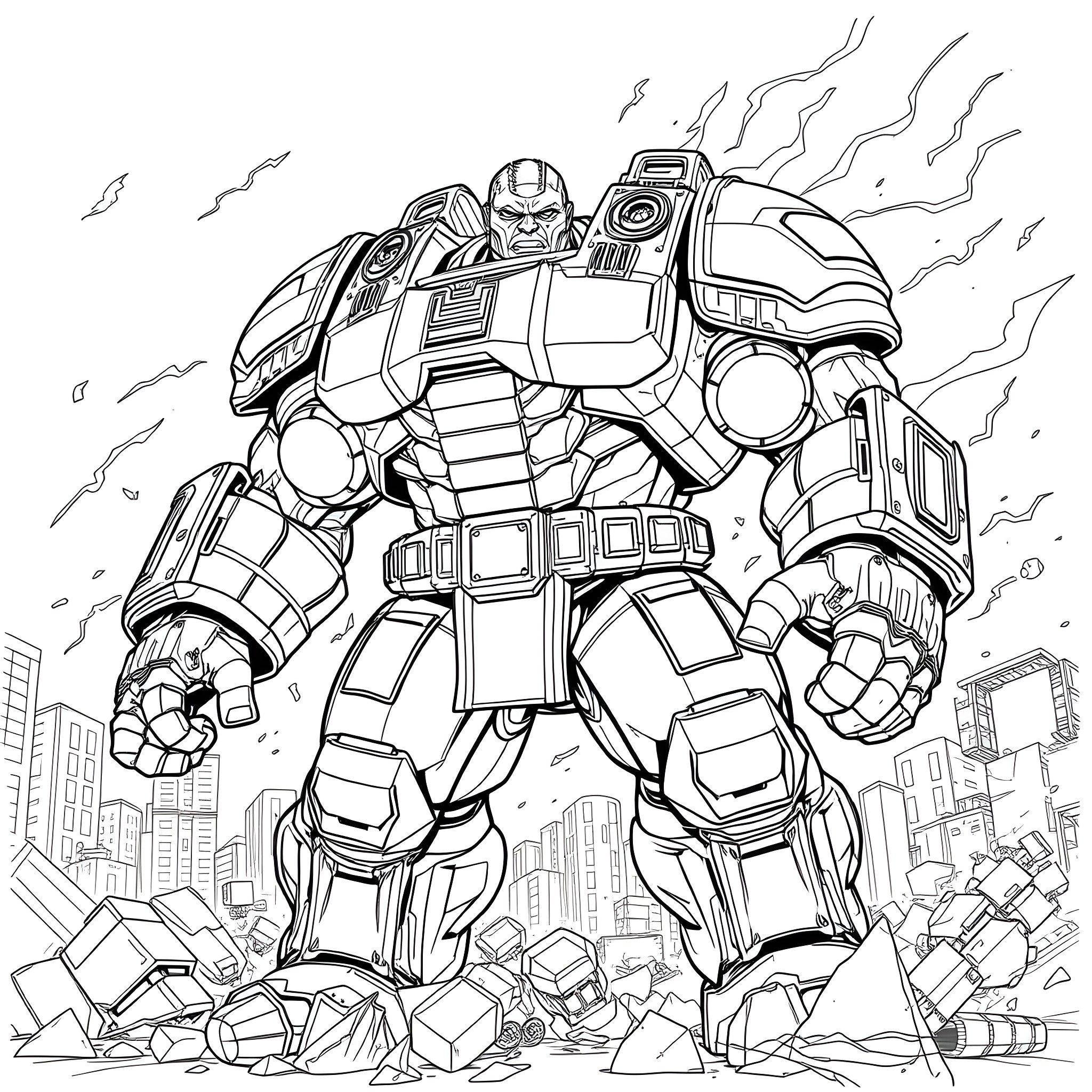 Ironman Robot Crushing City Ruins Coloring Page (free black-and-white line drawing printable PDF for all, from beginners to advanced learners, including children, teens, adults, and seniors)