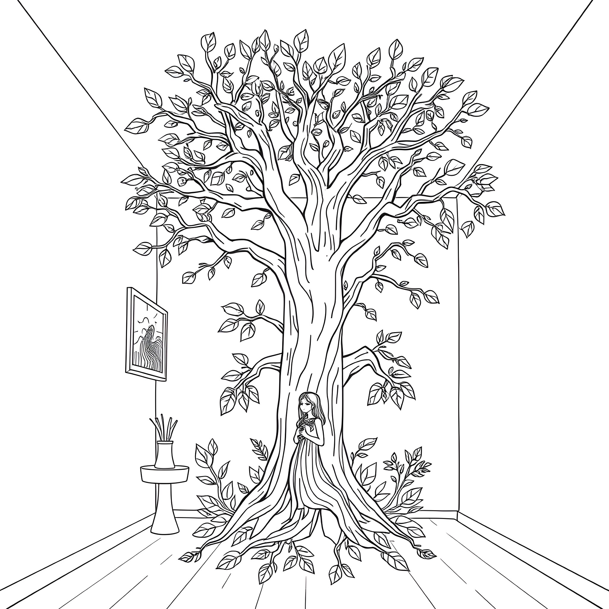 Tree with a woman sitting under its branches Coloring Page (free black-and-white line drawing printable PDF for all, from beginners to advanced learners, including children, teens, adults, and seniors)