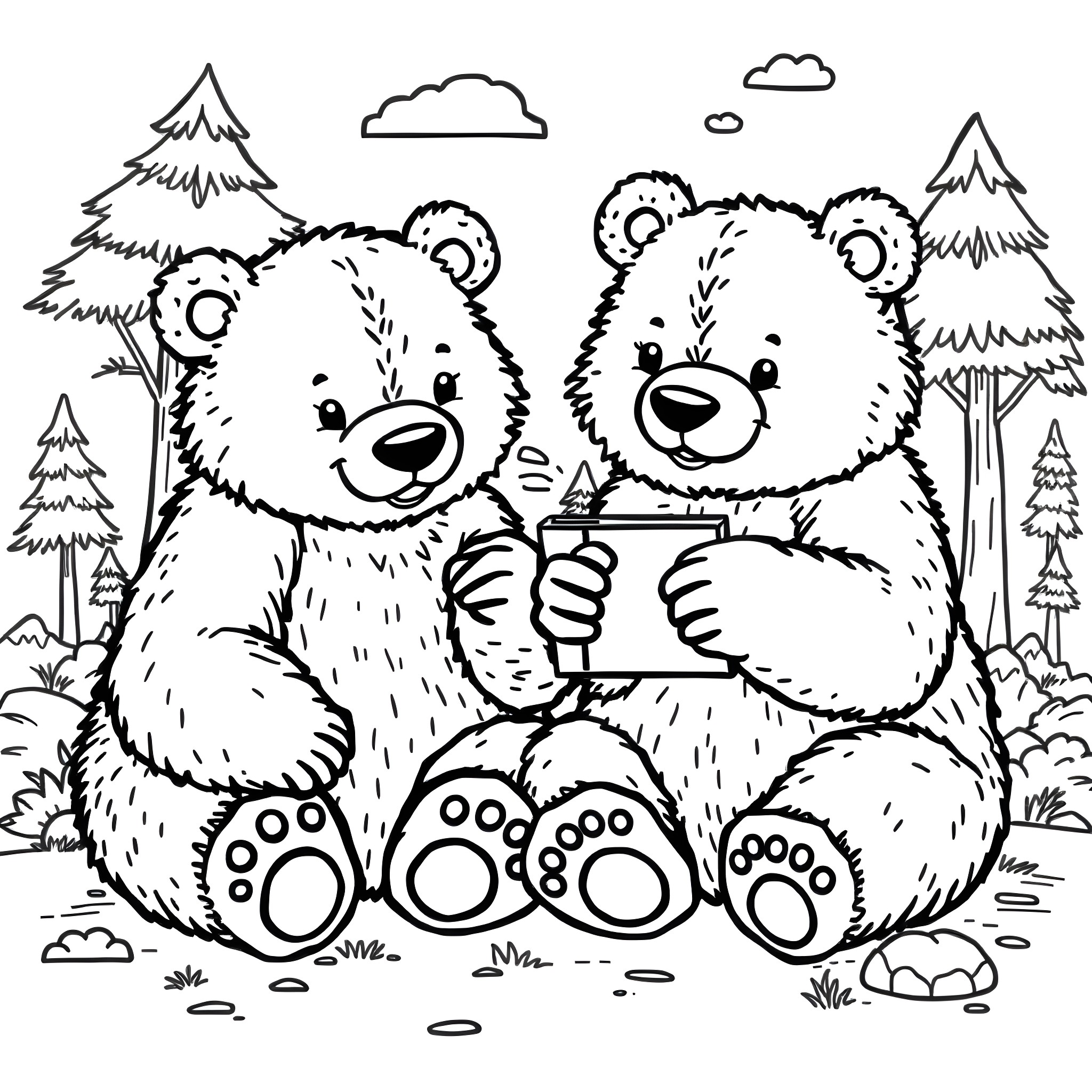 Bear siblings playing together in the forest Coloring Page (free black-and-white line drawing printable PDF for all, from beginners to advanced learners, including children, teens, adults, and seniors)