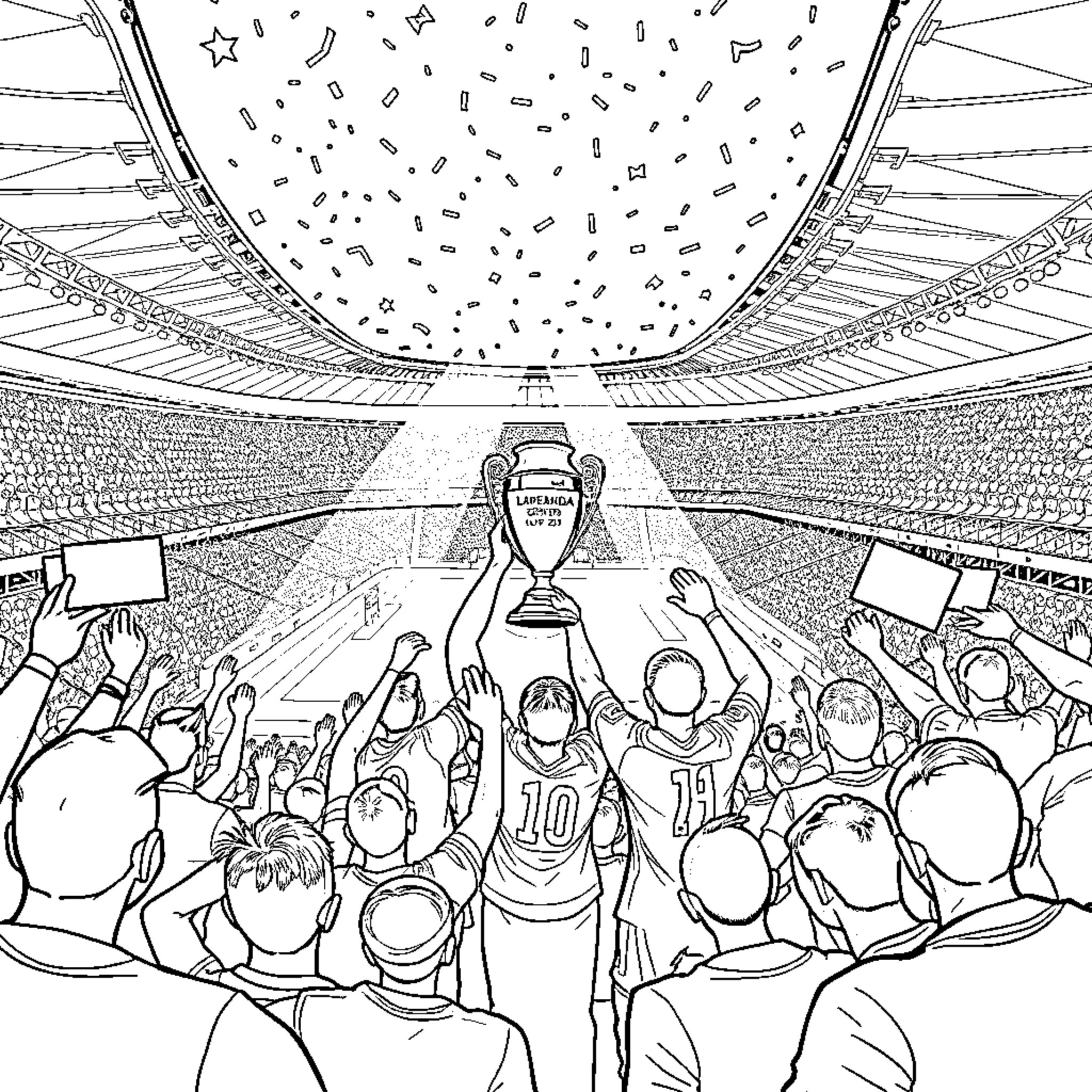 Sao Paulo FC: Celebrating Victory with Enthusiastic Fans Coloring Page (free black-and-white line drawing printable PDF for all, from beginners to advanced learners, including children, teens, adults, and seniors)