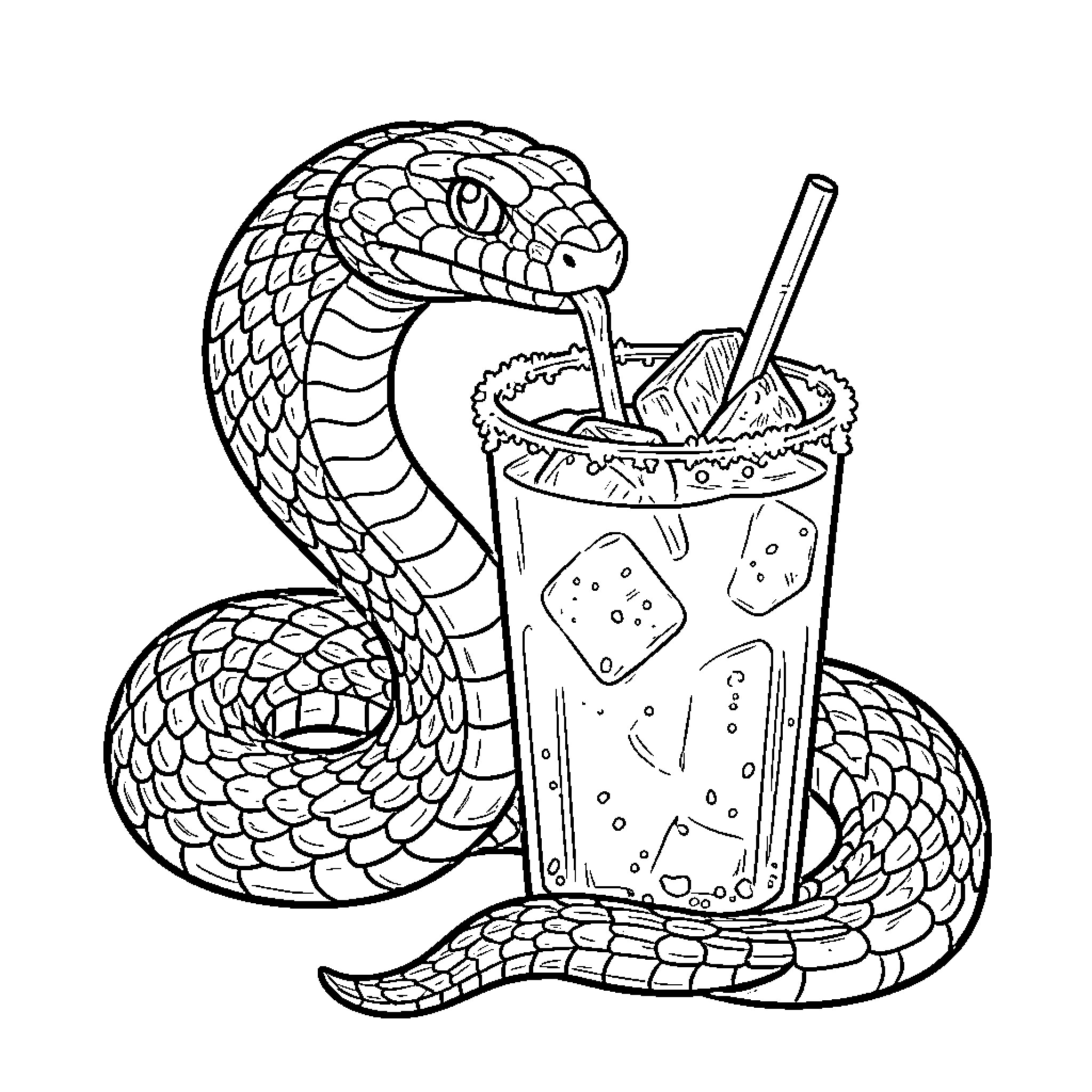 Serpent guarding a refreshing cocktail Coloring Page (free black-and-white line drawing printable PDF for all, from beginners to advanced learners, including children, teens, adults, and seniors)