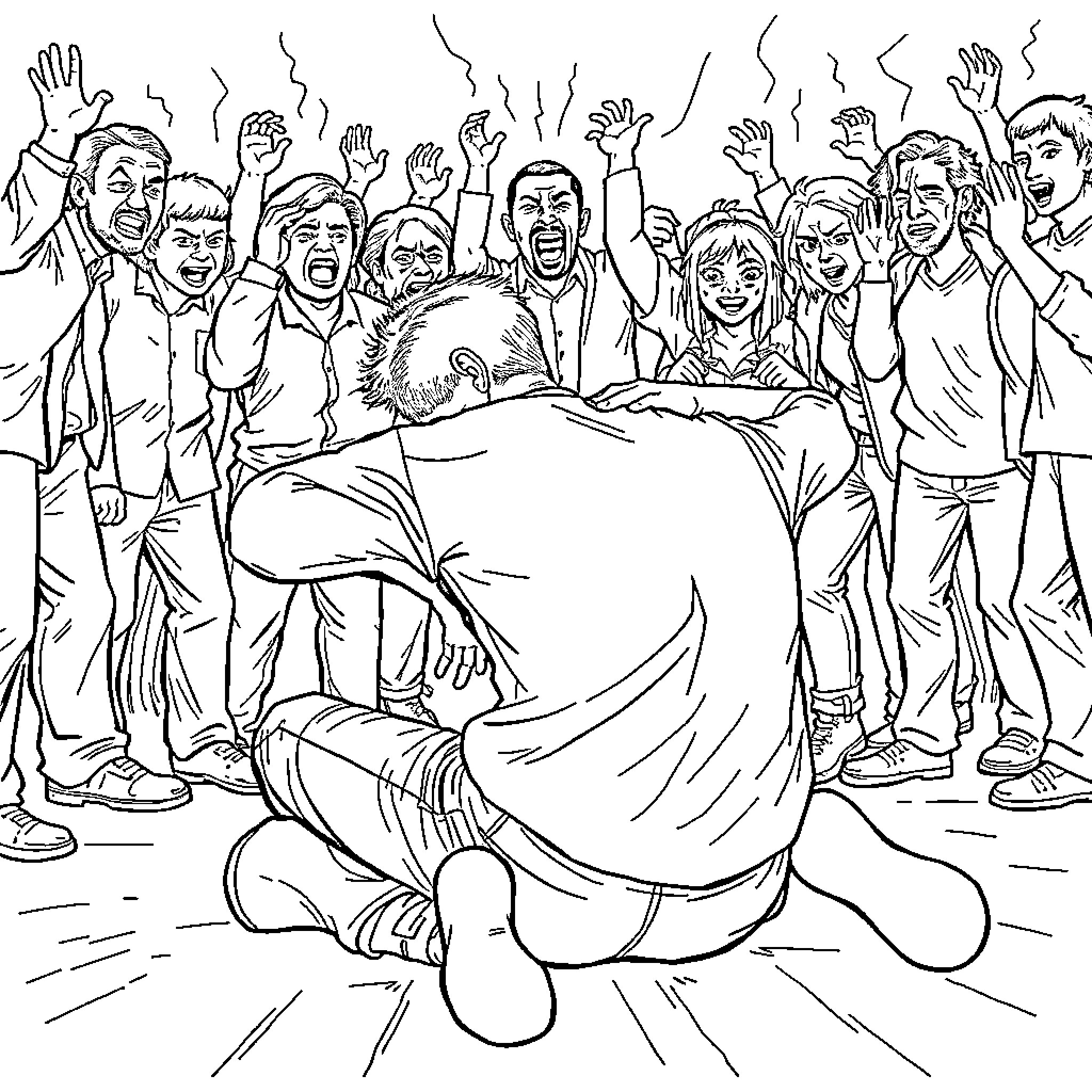 Man surrounded by excited crowd Coloring Page (free black-and-white line drawing printable PDF for all, from beginners to advanced learners, including children, teens, adults, and seniors)