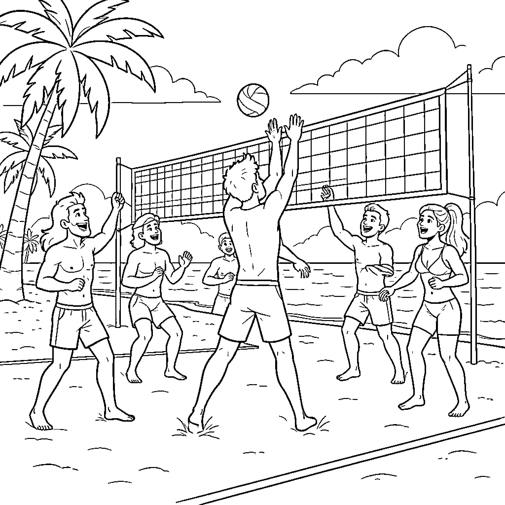 Batizado of people playing beach volleyball Coloring Page (free black-and-white line drawing printable PDF for all, from beginners to advanced learners, including children, teens, adults, and seniors)