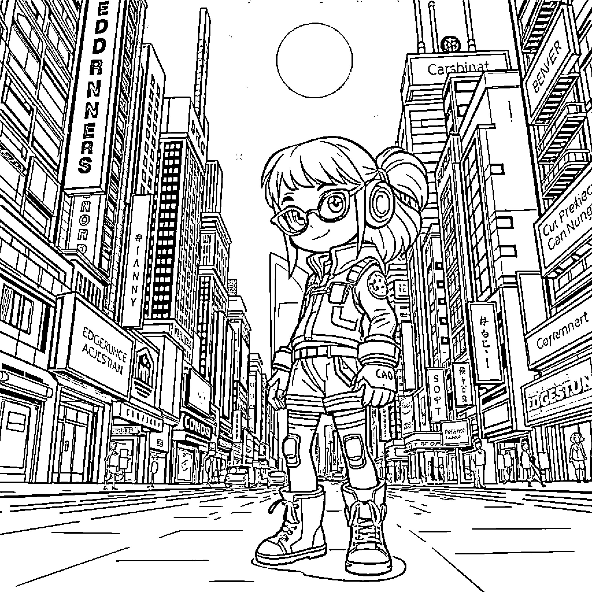 Rebecca exploring the bustling city streets Coloring Page (free black-and-white line drawing printable PDF for all, from beginners to advanced learners, including children, teens, adults, and seniors)
