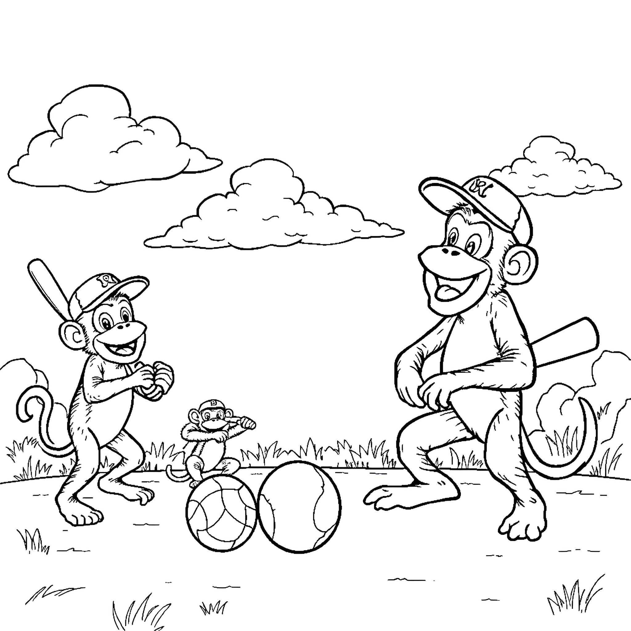 Monkey friends playing together in the park Coloring Page (free black-and-white line drawing printable PDF for all, from beginners to advanced learners, including children, teens, adults, and seniors)
