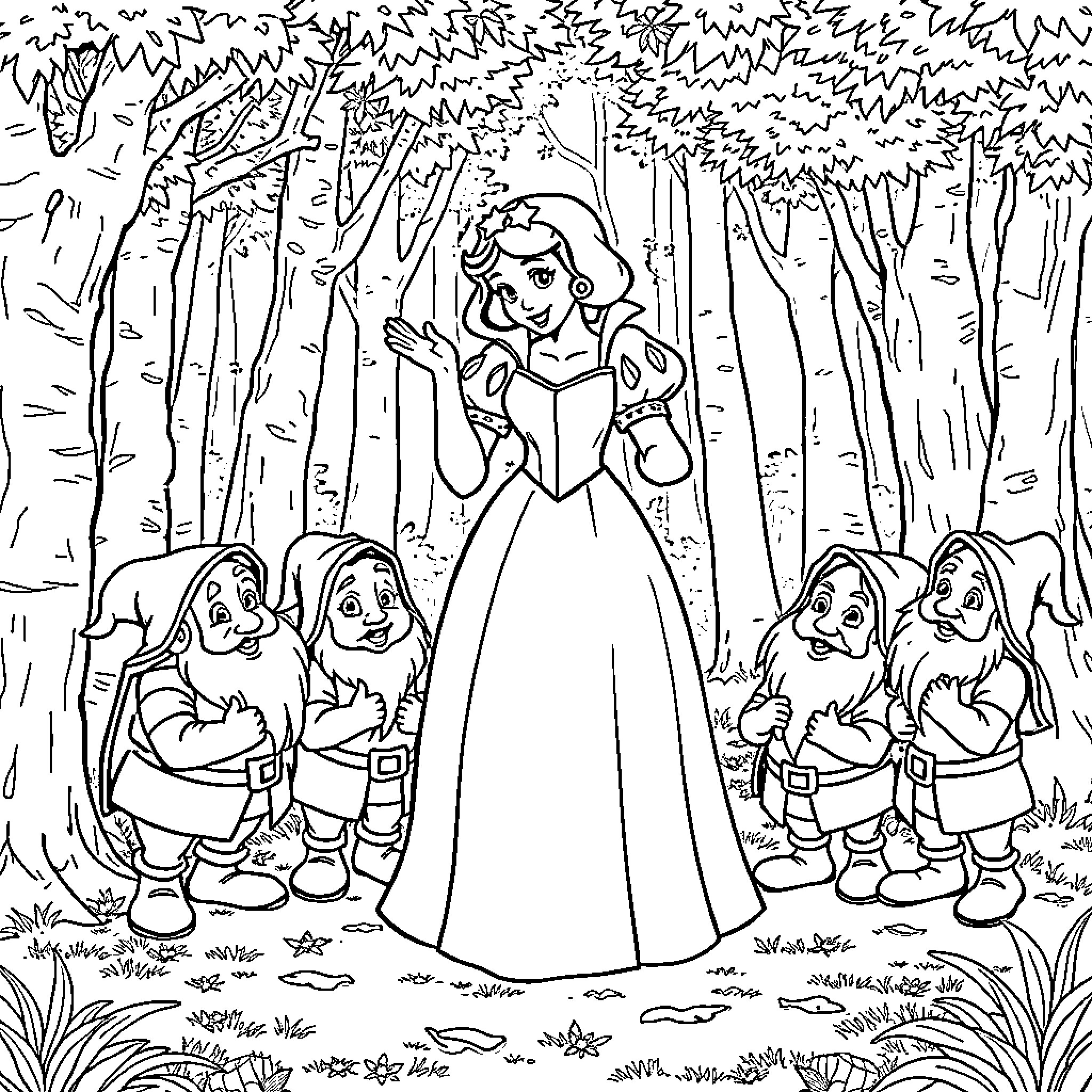 Snow White standing gracefully surrounded by seven dwarfs Coloring Page (free black-and-white line drawing printable PDF for all, from beginners to advanced learners, including children, teens, adults, and seniors)