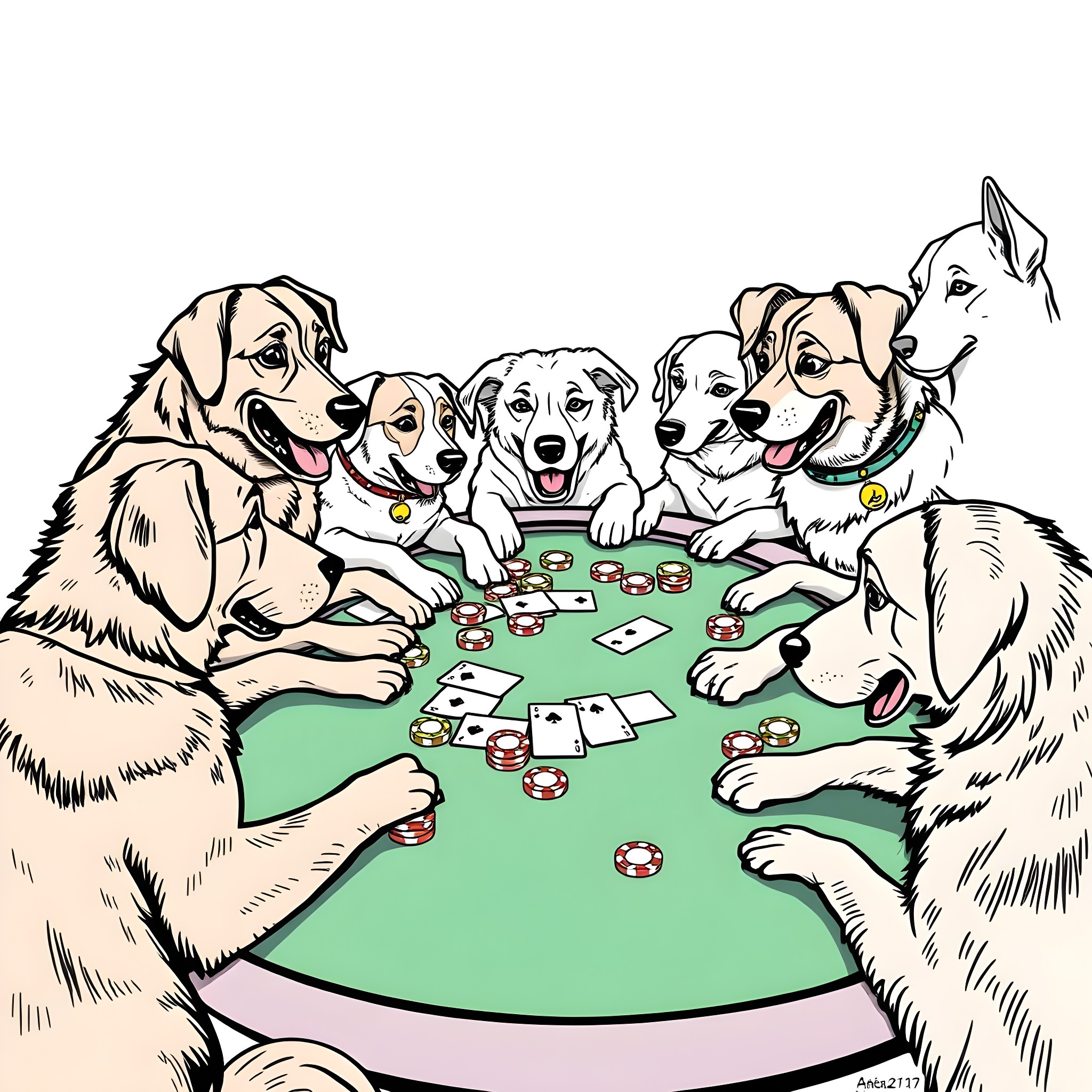 Dogs Playing Poker Together Coloring Page (free black-and-white line drawing printable PDF for all, from beginners to advanced learners, including children, teens, adults, and seniors)