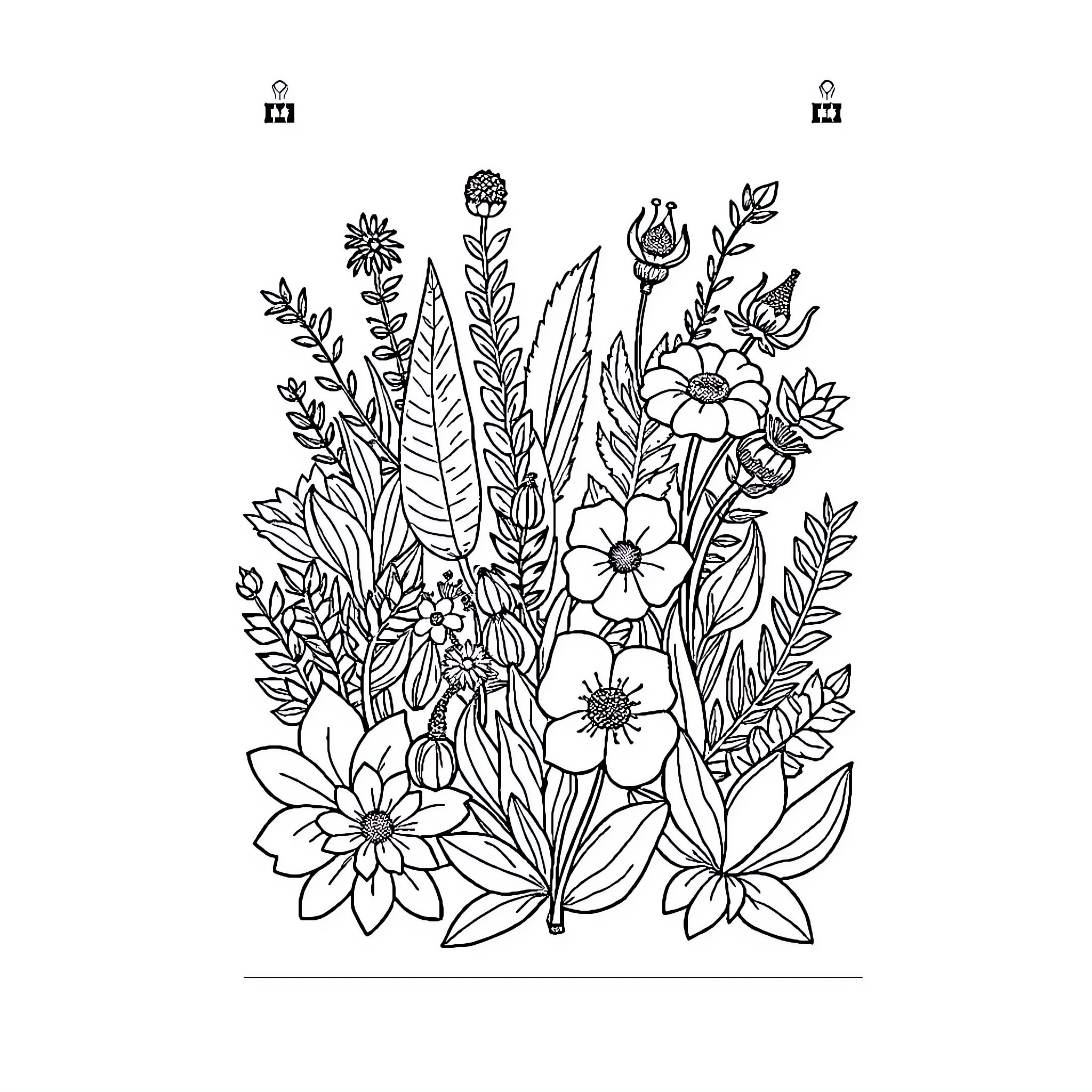 Plant flowers and foliage in artistic illustration Coloring Page (free black-and-white line drawing printable PDF for all, from beginners to advanced learners, including children, teens, adults, and seniors)