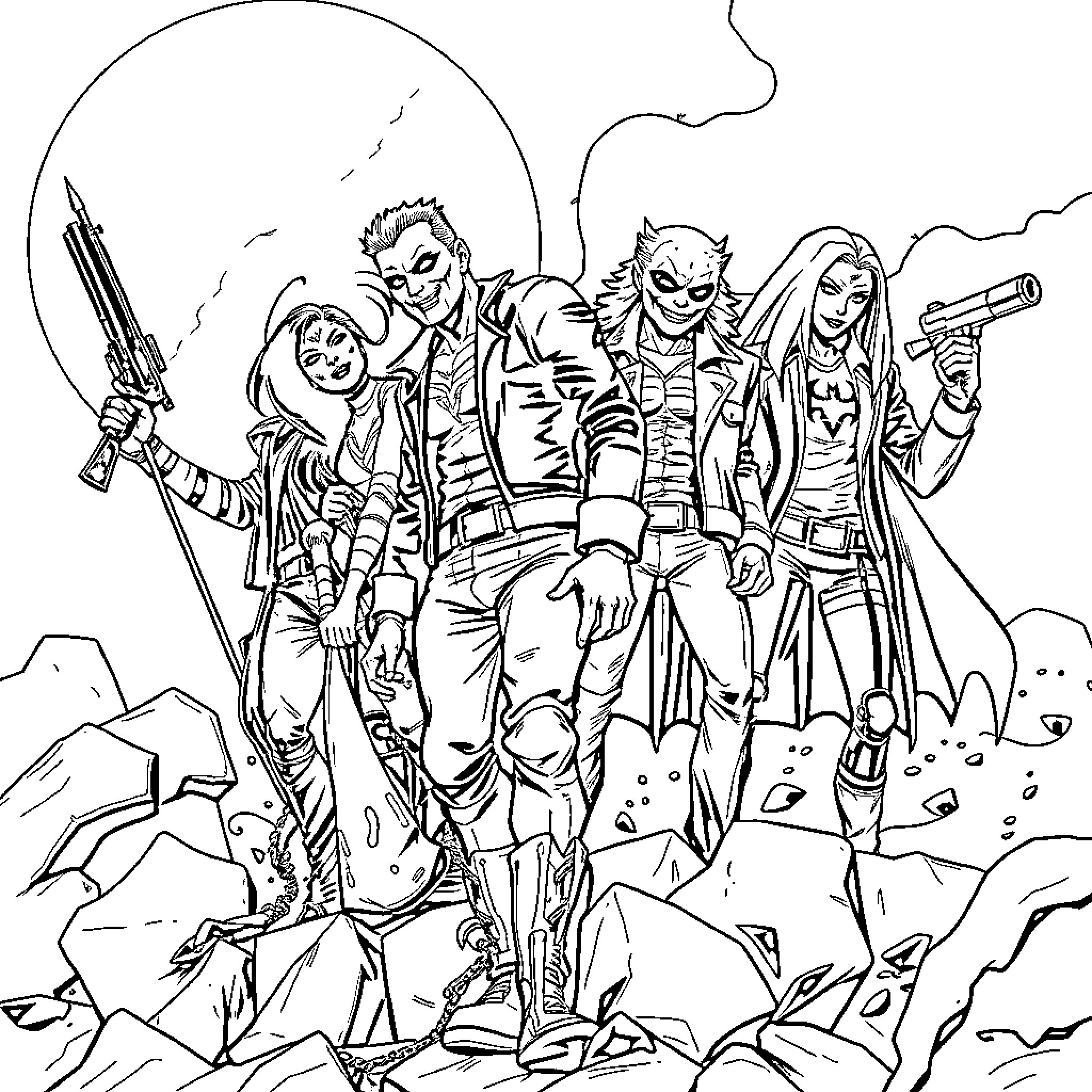 Suicide Squad: Outrageous Outfits and Daring Deeds Coloring Page (free black-and-white line drawing printable PDF for all, from beginners to advanced learners, including children, teens, adults, and seniors)