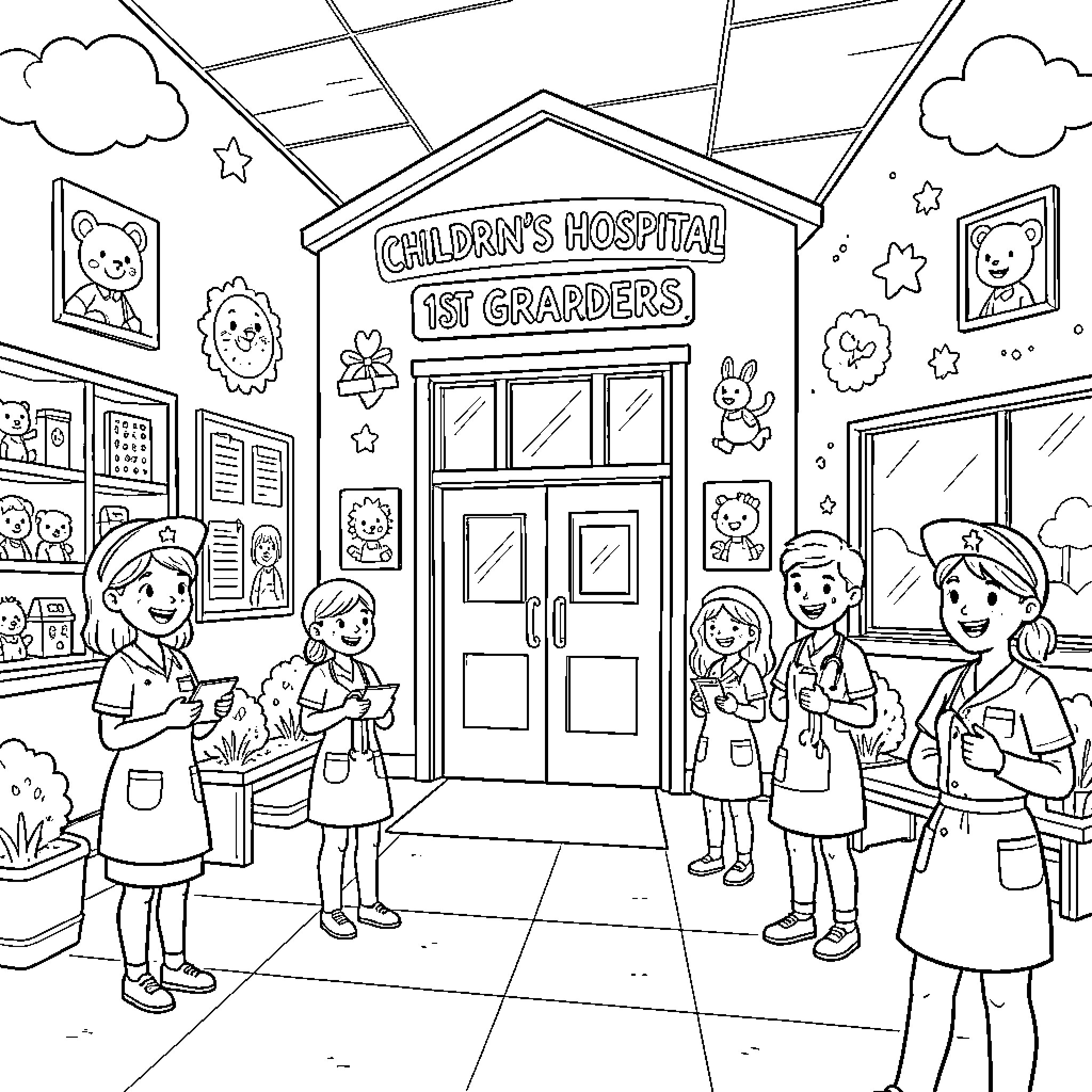 Hospital with Children's Clinic and Cheerful Patients Coloring Page (free black-and-white line drawing printable PDF for all, from beginners to advanced learners, including children, teens, adults, and seniors)