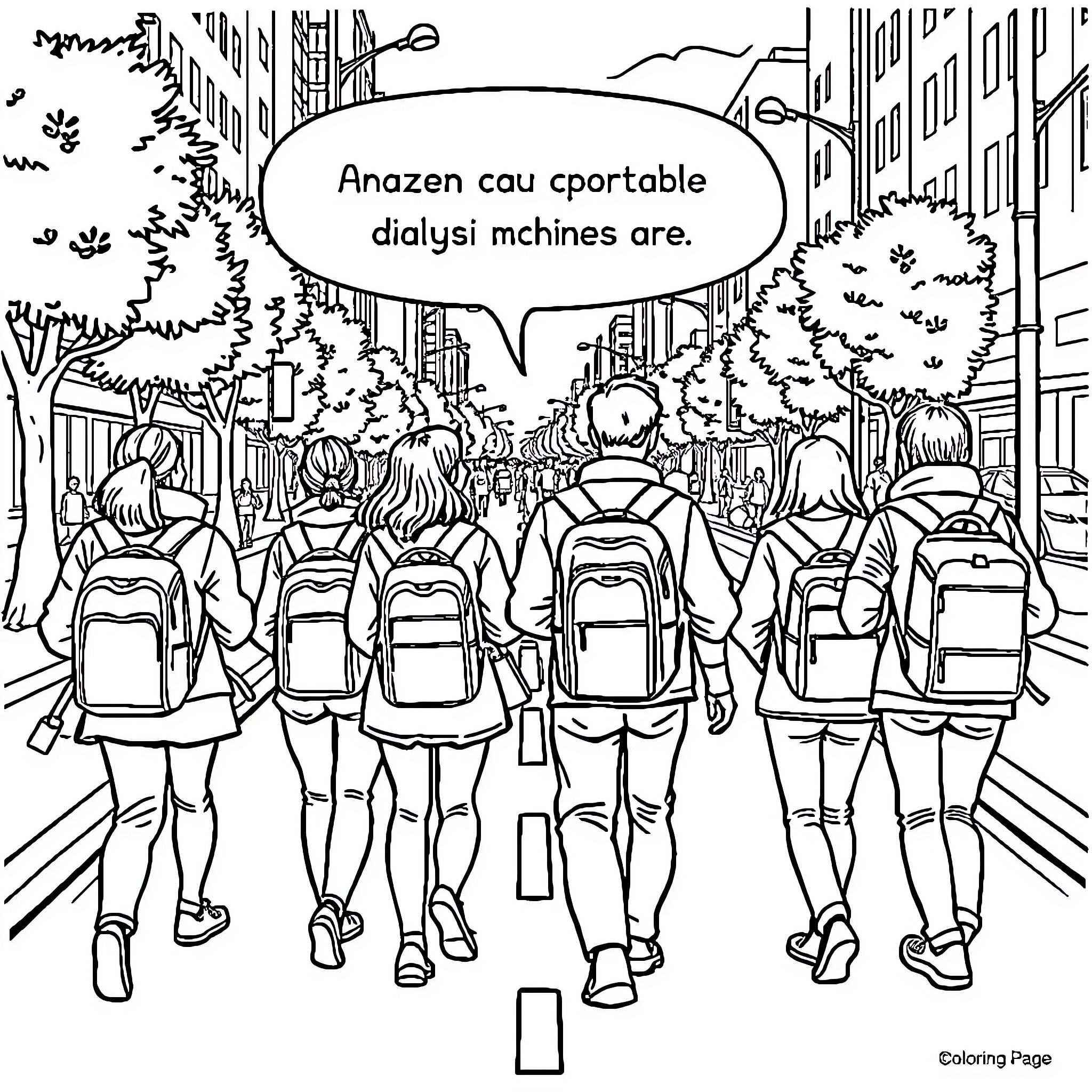 Person walking in a crowded city street Coloring Page (free black-and-white line drawing printable PDF for all, from beginners to advanced learners, including children, teens, adults, and seniors)