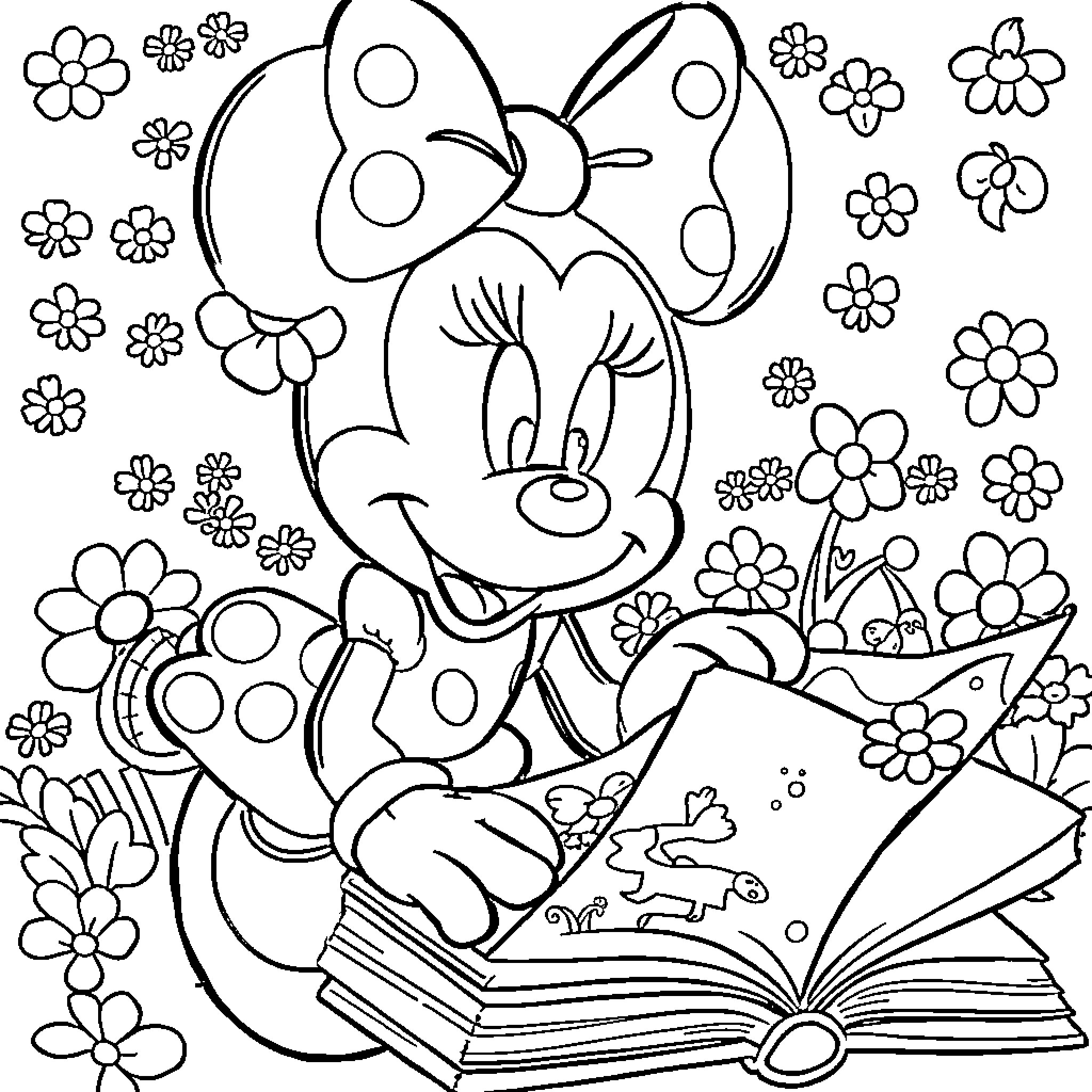 Minnie reading a book surrounded by flowers Coloring Page (free black-and-white line drawing printable PDF for all, from beginners to advanced learners, including children, teens, adults, and seniors)