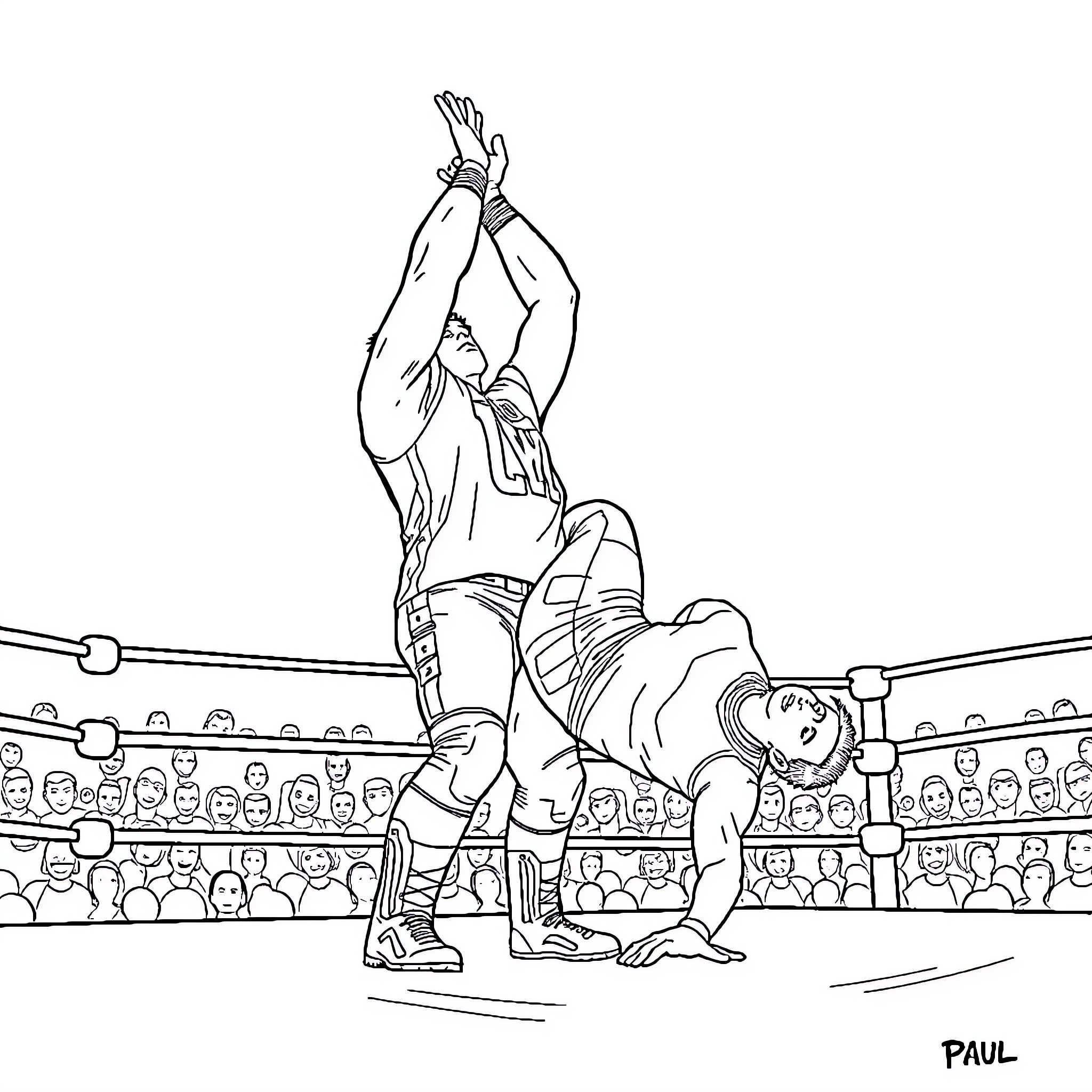 John Cena Wrestling with Opponent in the Ring Coloring Page (free black-and-white line drawing printable PDF for all, from beginners to advanced learners, including children, teens, adults, and seniors)