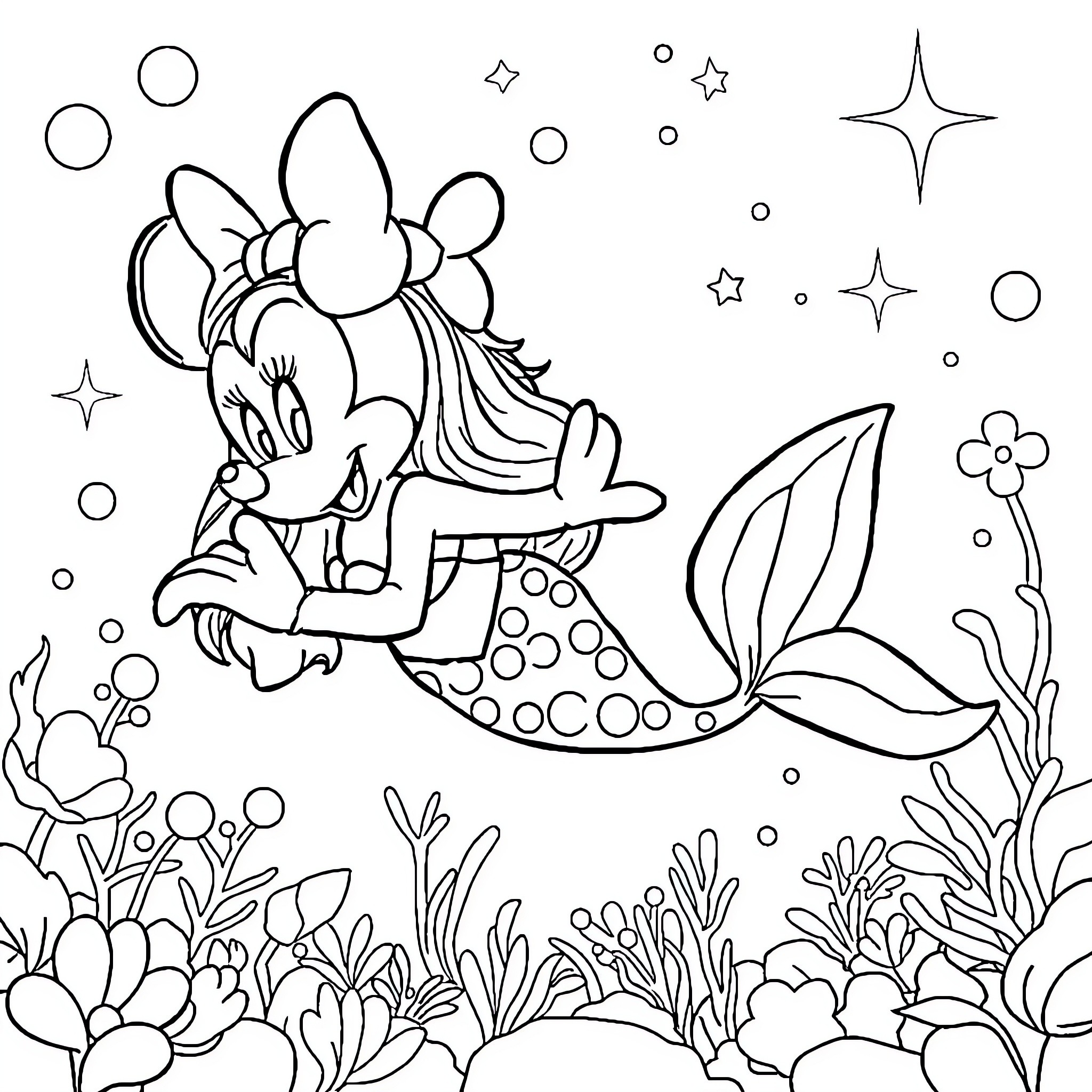 Mermaid Minnie exploring the underwater world Coloring Page (free black-and-white line drawing printable PDF for all, from beginners to advanced learners, including children, teens, adults, and seniors)