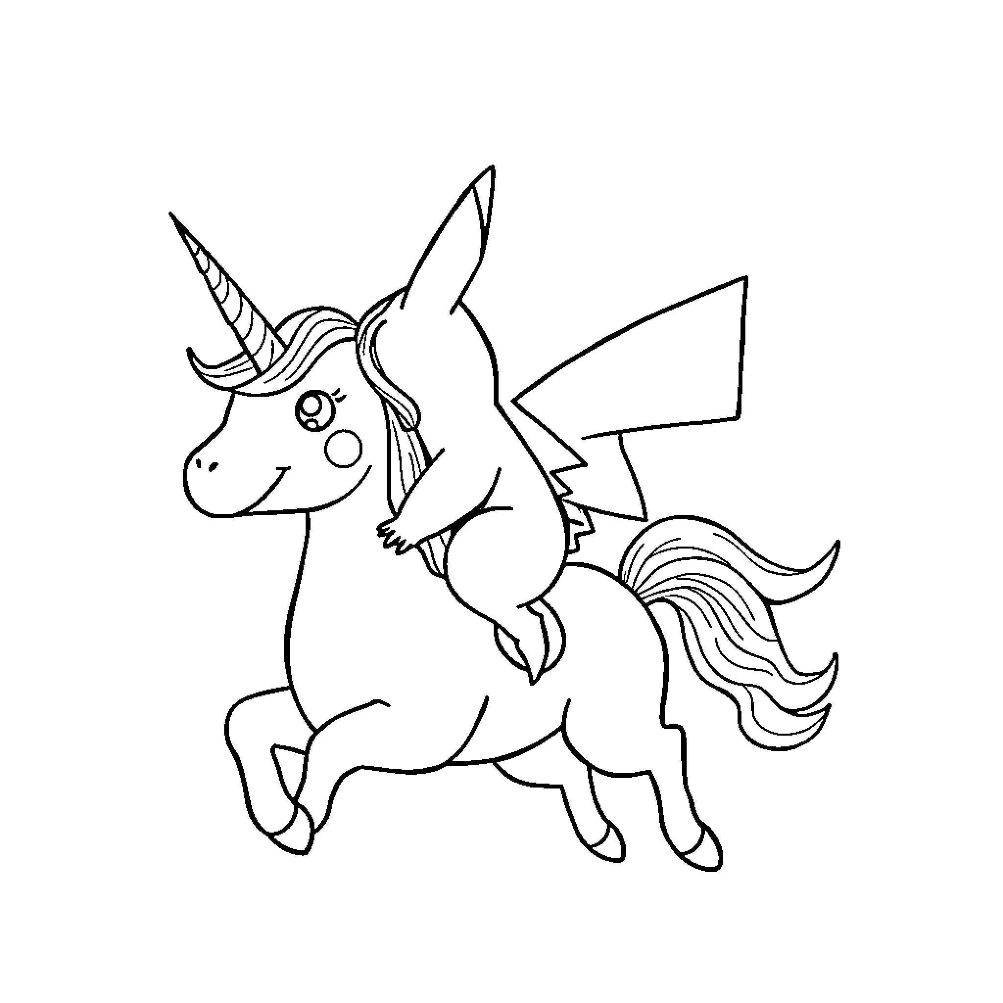 Pikachu as a Unicorn Coloring Page (free black-and-white line drawing printable PDF for all, from beginners to advanced learners, including children, teens, adults, and seniors)