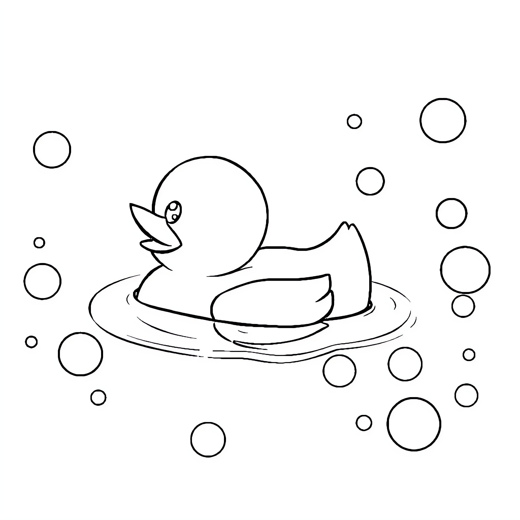 Rubber Duck floating on water with bubbles Coloring Page (free black-and-white line drawing printable PDF for all, from beginners to advanced learners, including children, teens, adults, and seniors)