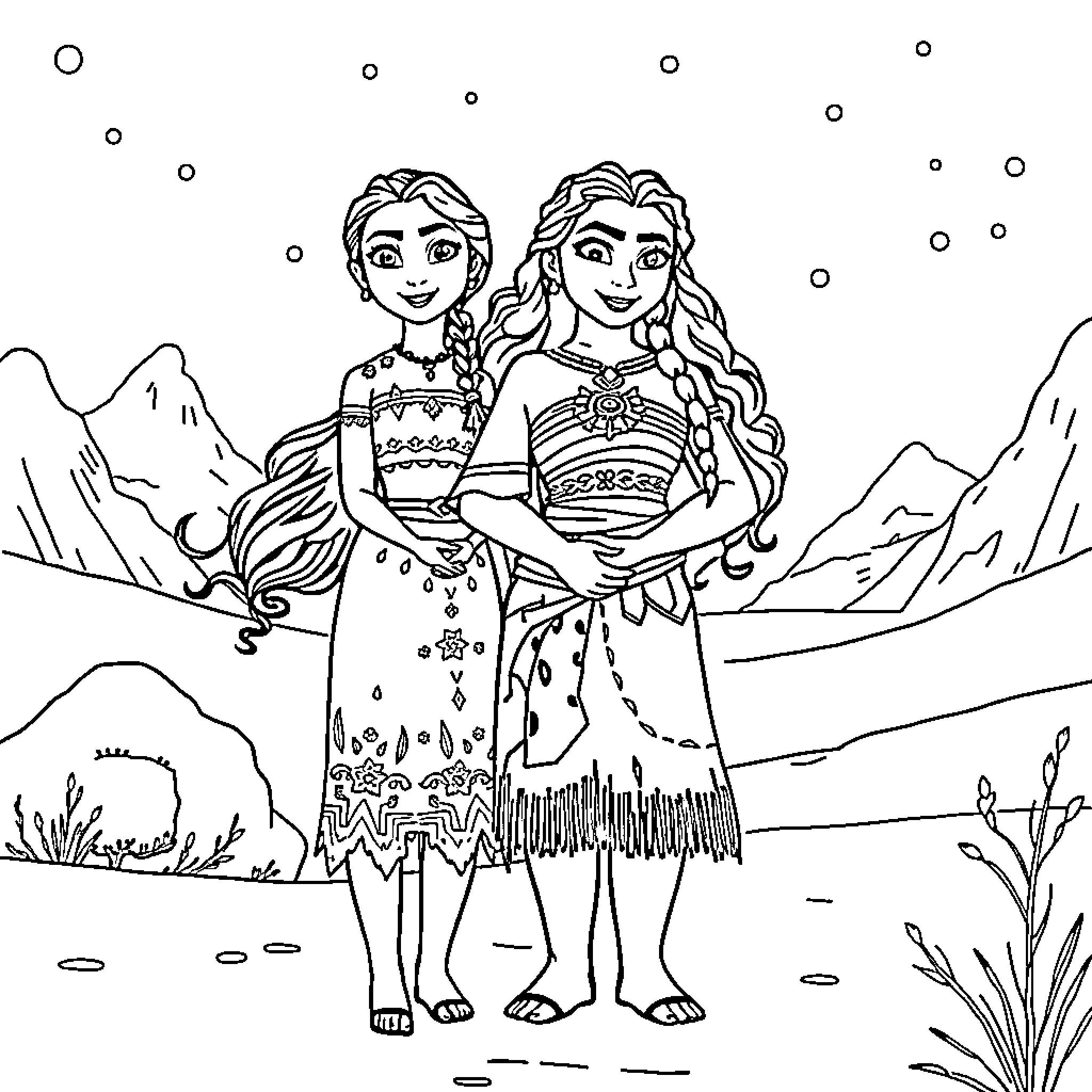 Moana and Elsa Explore a Magical Landscape Coloring Page (free black-and-white line drawing printable PDF for all, from beginners to advanced learners, including children, teens, adults, and seniors)
