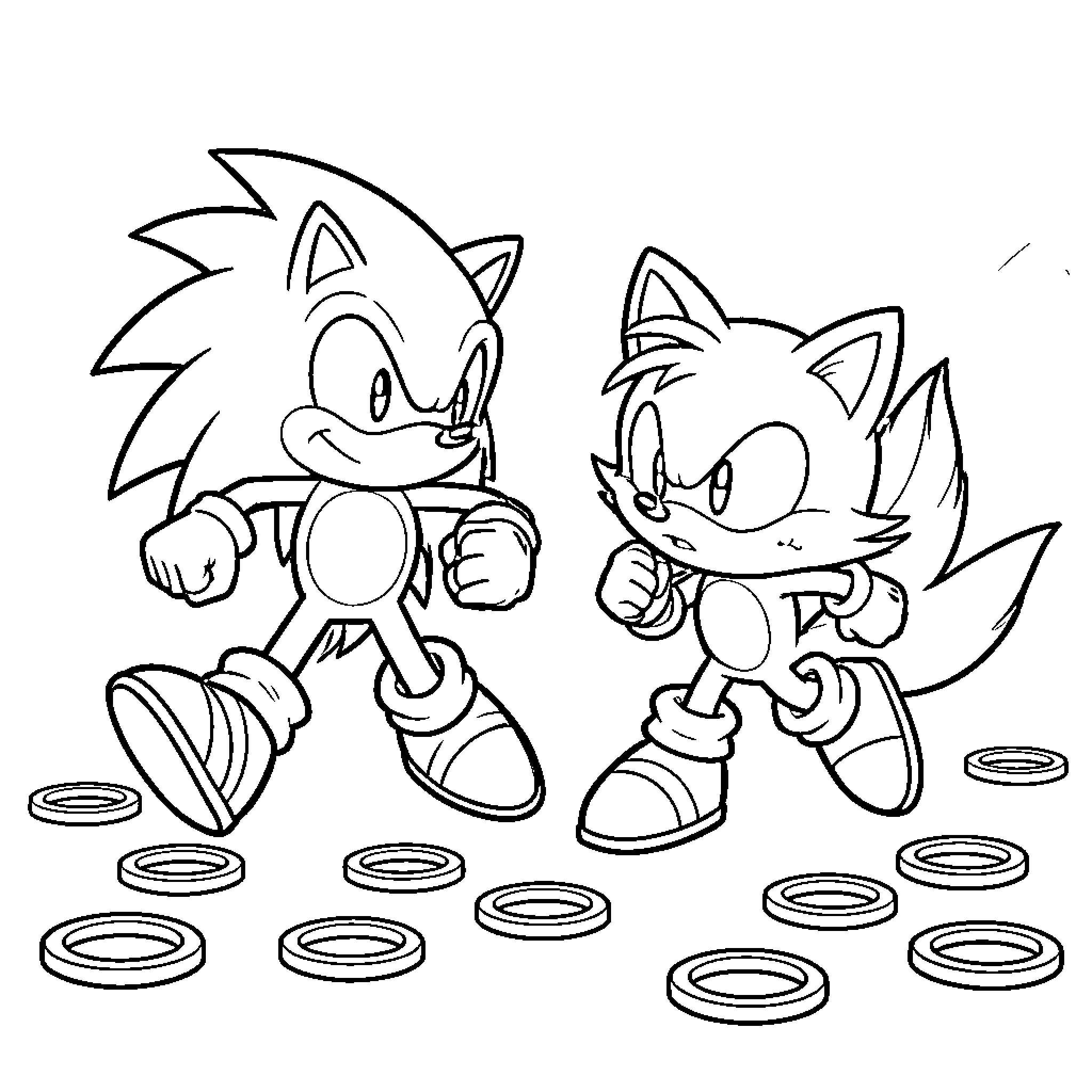Sonic and Tails walking together among golden rings Coloring Page (free black-and-white line drawing printable PDF for all, from beginners to advanced learners, including children, teens, adults, and seniors)