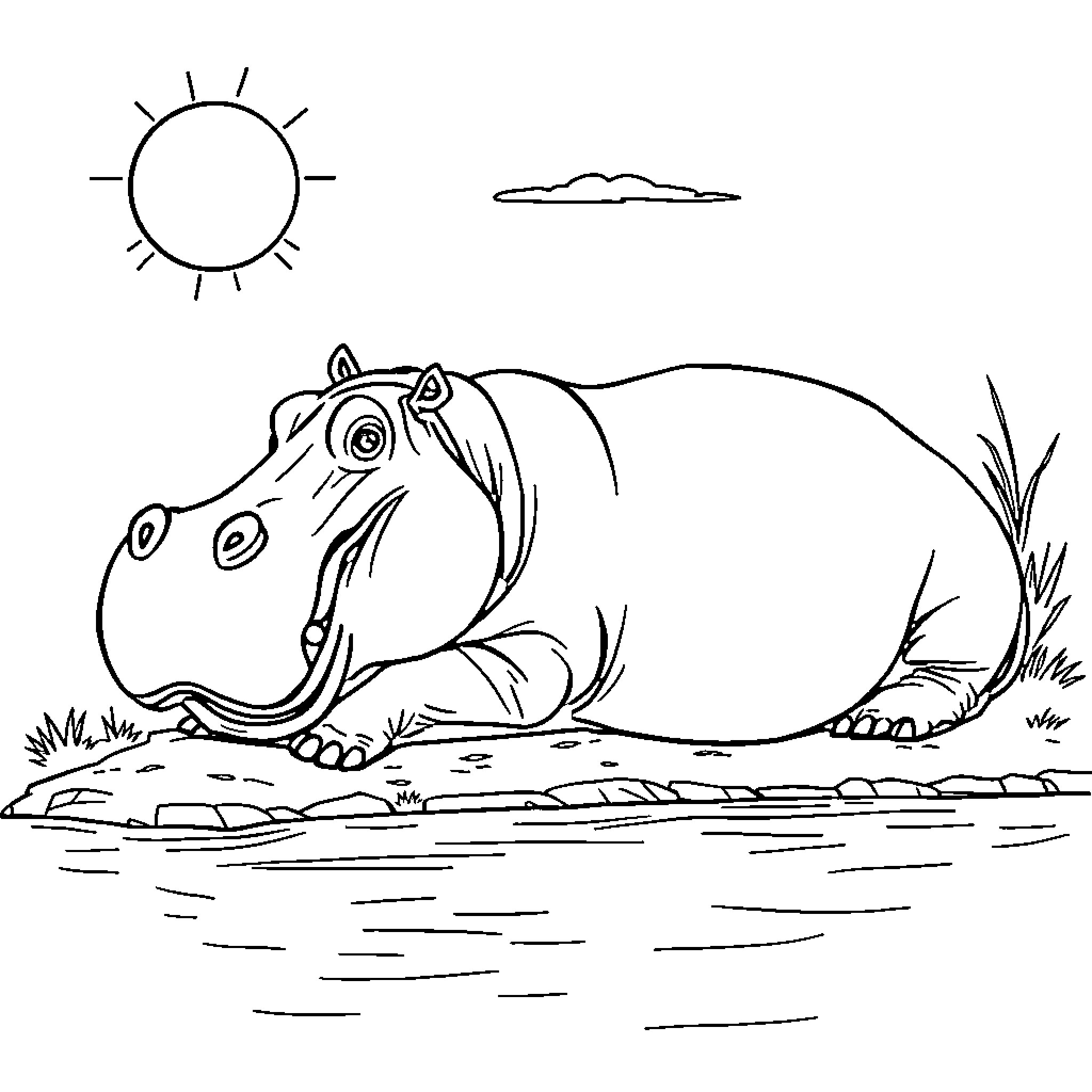Hippo resting peacefully by the river Coloring Page (free black-and-white line drawing printable PDF for all, from beginners to advanced learners, including children, teens, adults, and seniors)