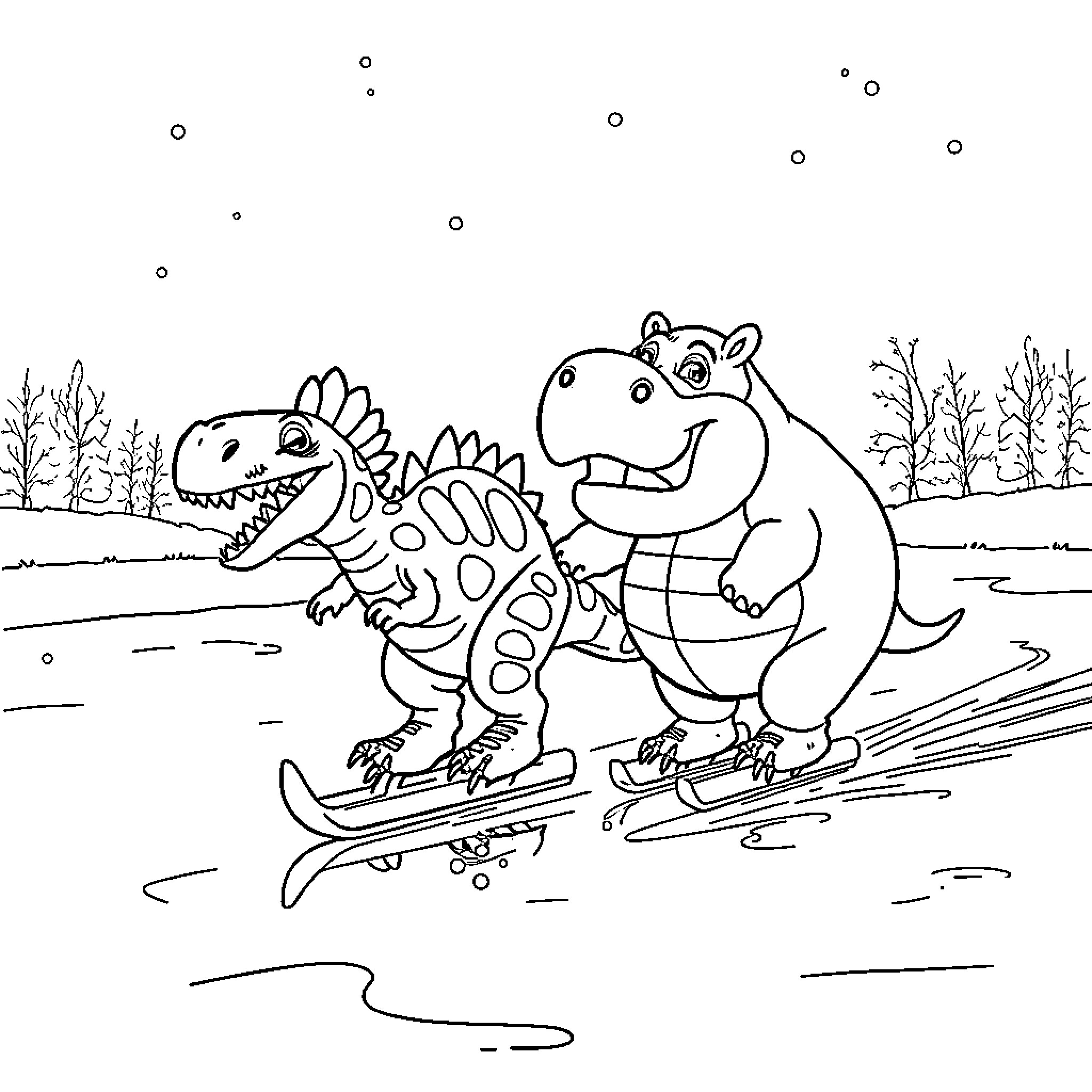 Dinosaurs playing and riding skateboards in the park Coloring Page (free black-and-white line drawing printable PDF for all, from beginners to advanced learners, including children, teens, adults, and seniors)