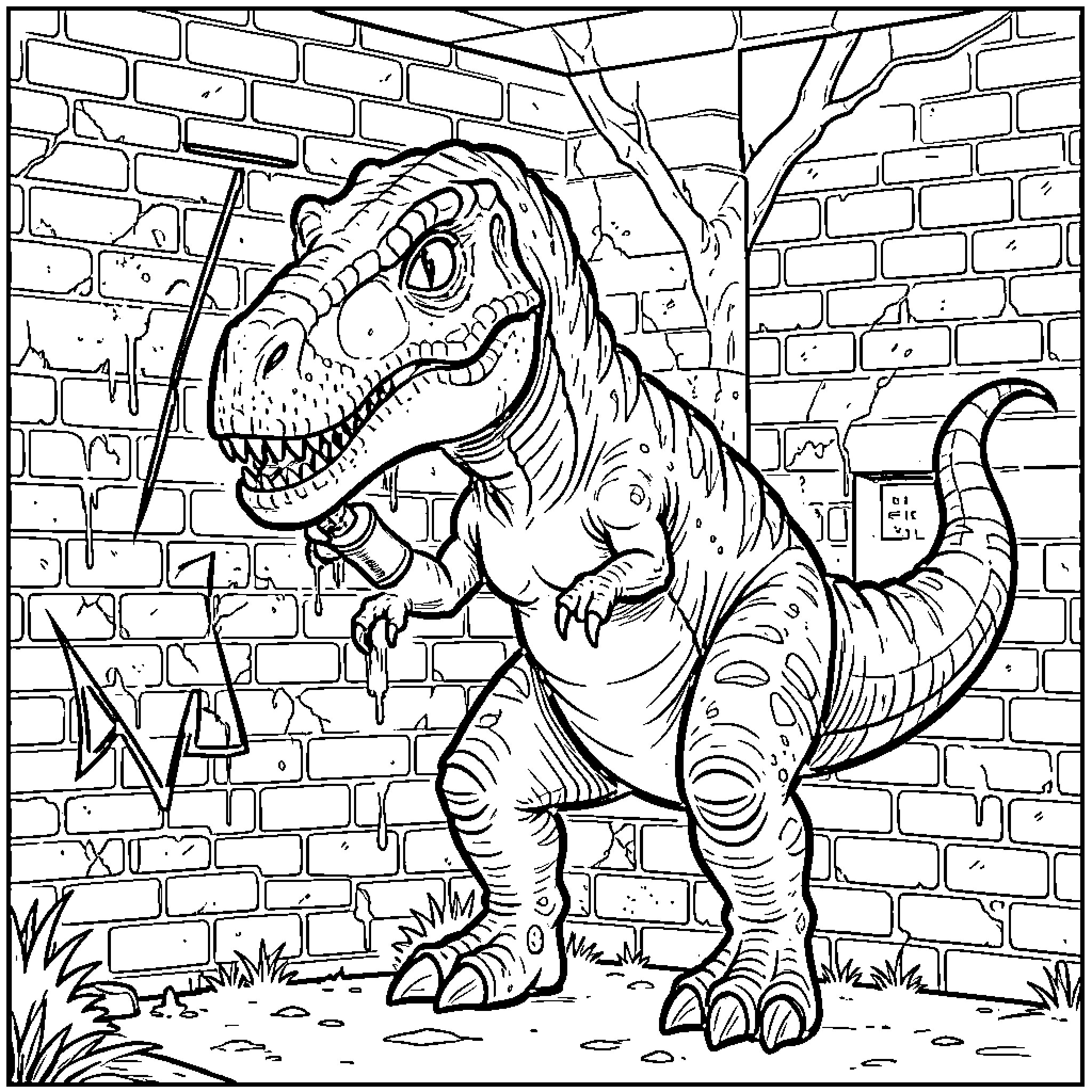 Dinosaur spray painting graffiti on a brick wall Coloring Page (free black-and-white line drawing printable PDF for all, from beginners to advanced learners, including children, teens, adults, and seniors)