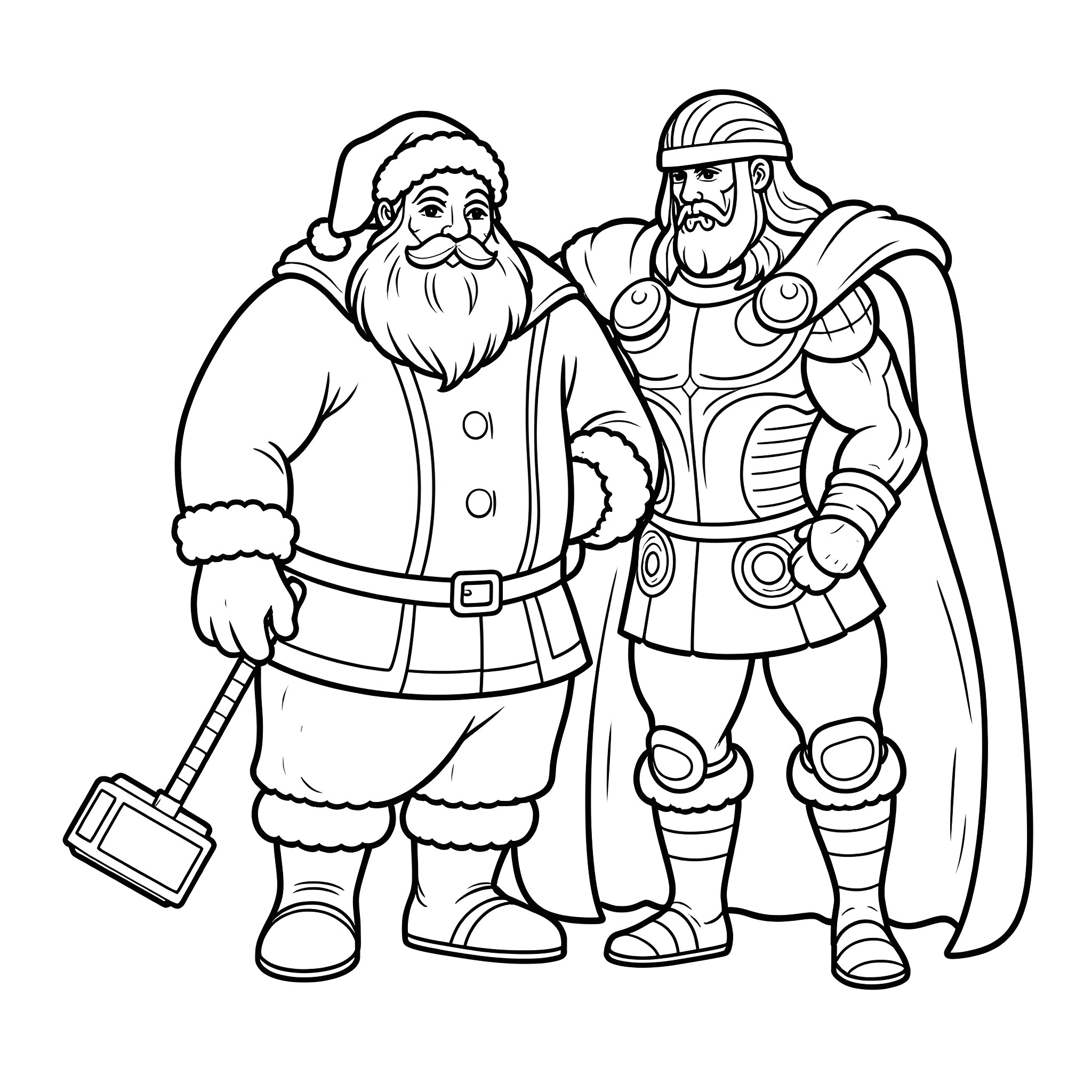 Santa Claus with Ancient Roman Soldier Coloring Page (free black-and-white line drawing printable PDF for all, from beginners to advanced learners, including children, teens, adults, and seniors)