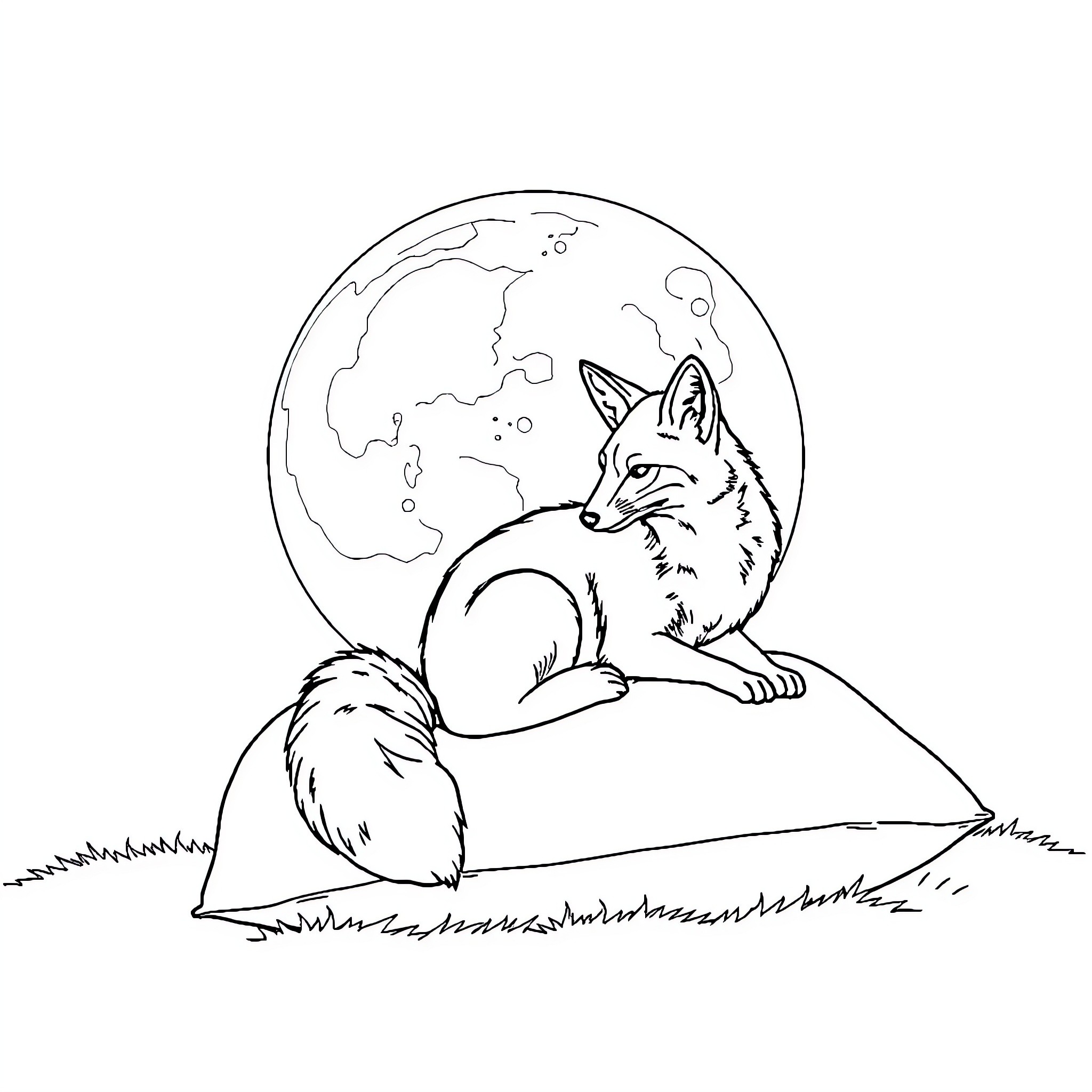 Fox watching the moon in the night Coloring Page (free black-and-white line drawing printable PDF for all, from beginners to advanced learners, including children, teens, adults, and seniors)