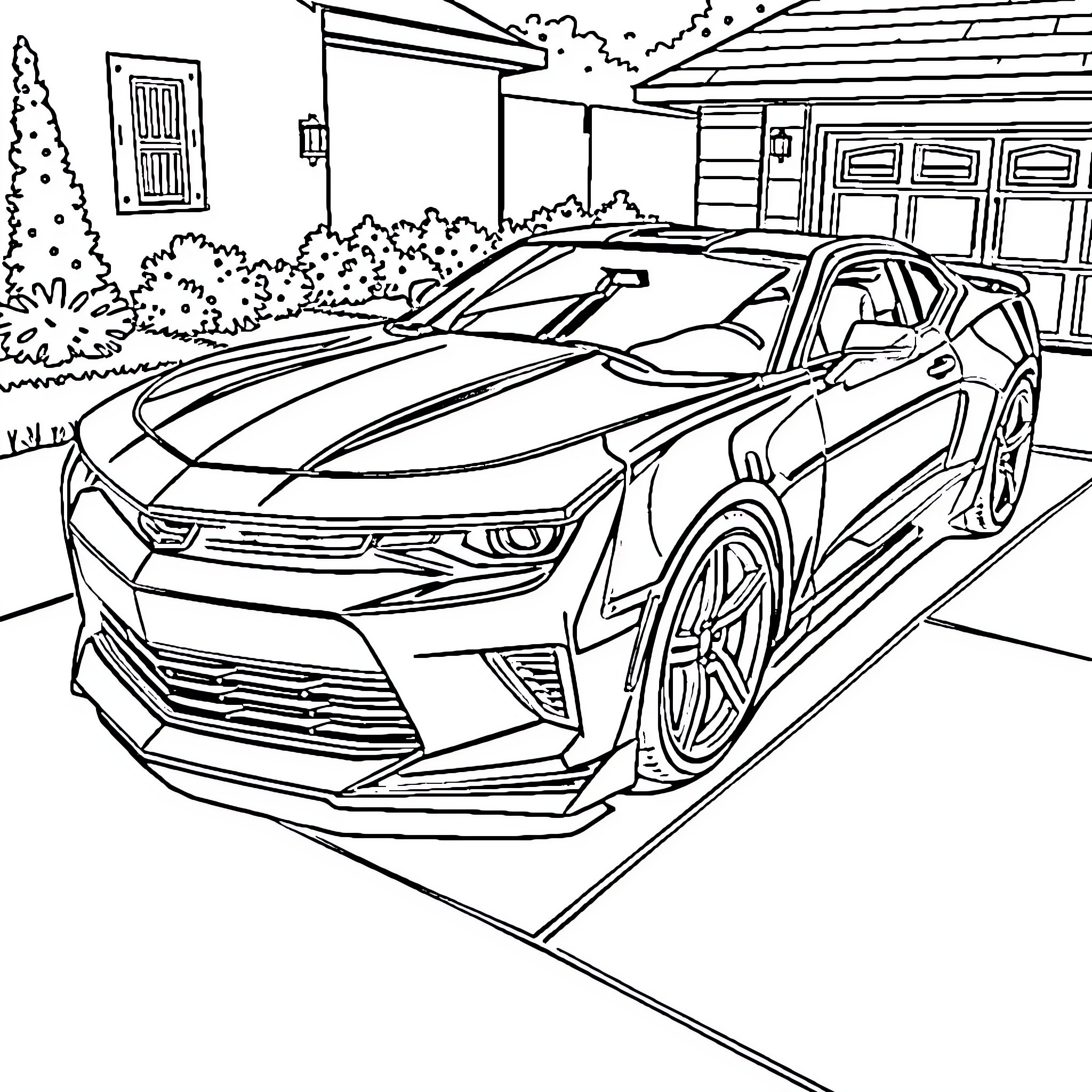 Camaro parked in front of residential home Coloring Page (free black-and-white line drawing printable PDF for all, from beginners to advanced learners, including children, teens, adults, and seniors)