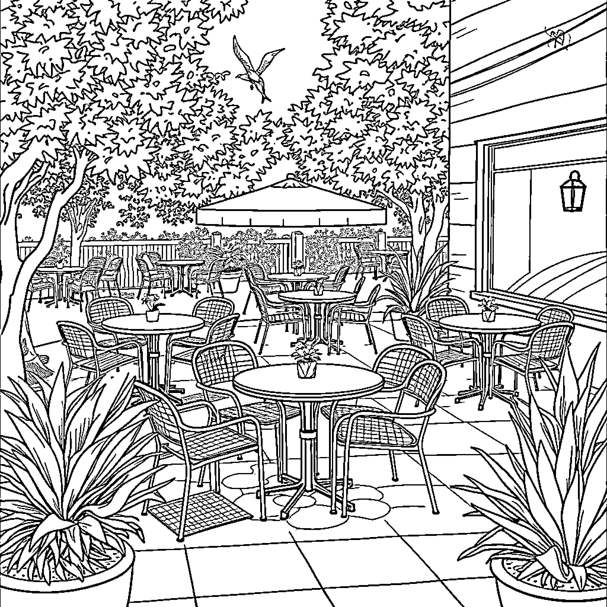 Table with Outdoor Patio Scene Coloring Page (free black-and-white line drawing printable PDF for all, from beginners to advanced learners, including children, teens, adults, and seniors)