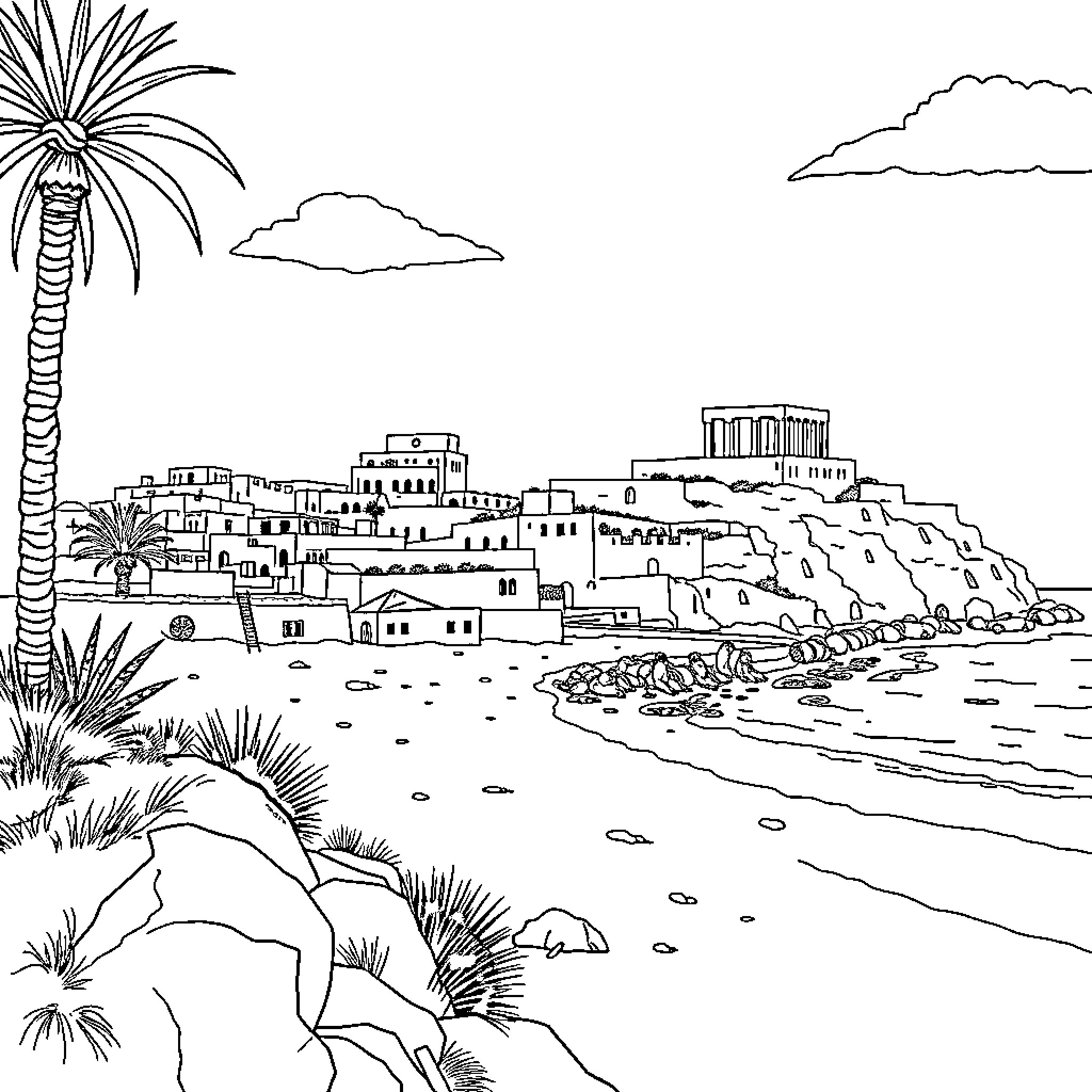 Tunisia coastal city with palm trees and architecture Coloring Page (free black-and-white line drawing printable PDF for all, from beginners to advanced learners, including children, teens, adults, and seniors)
