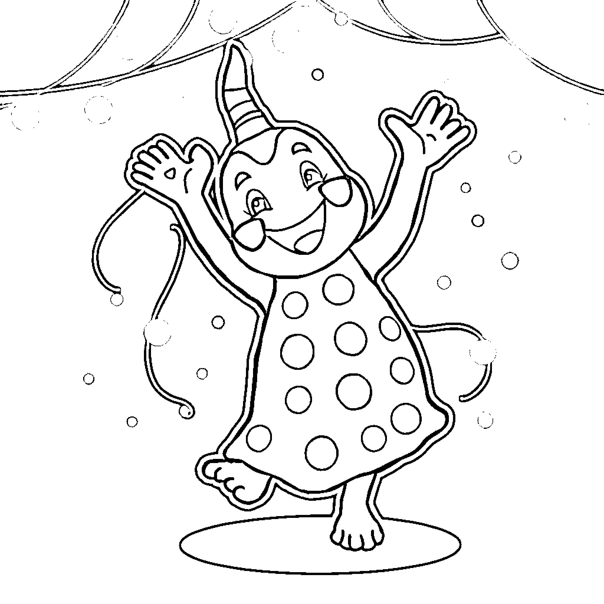 Labubu the Joyful Polka Dot Clown Coloring Page (free black-and-white line drawing printable PDF for all, from beginners to advanced learners, including children, teens, adults, and seniors)
