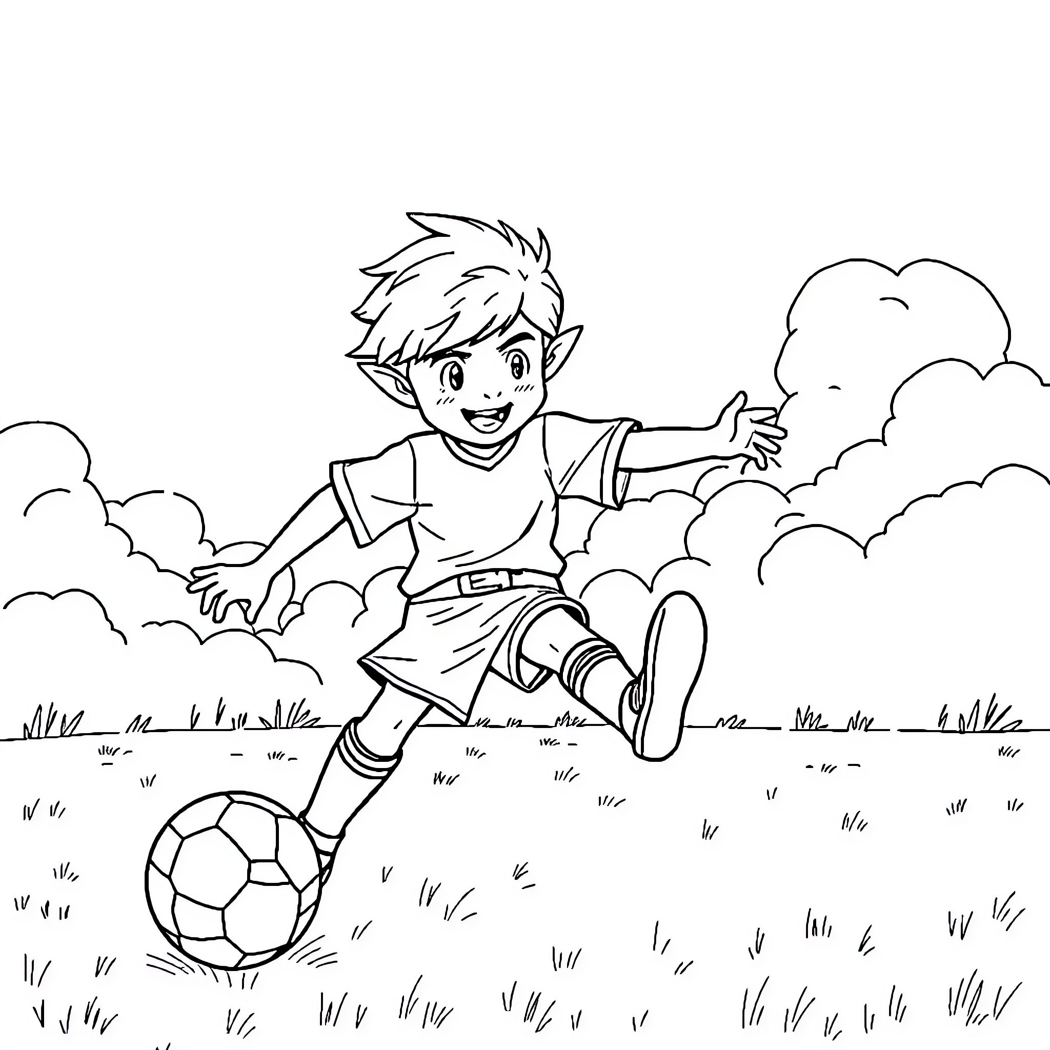 Frodo kicking a soccer ball in a grassy field Coloring Page (free black-and-white line drawing printable PDF for all, from beginners to advanced learners, including children, teens, adults, and seniors)