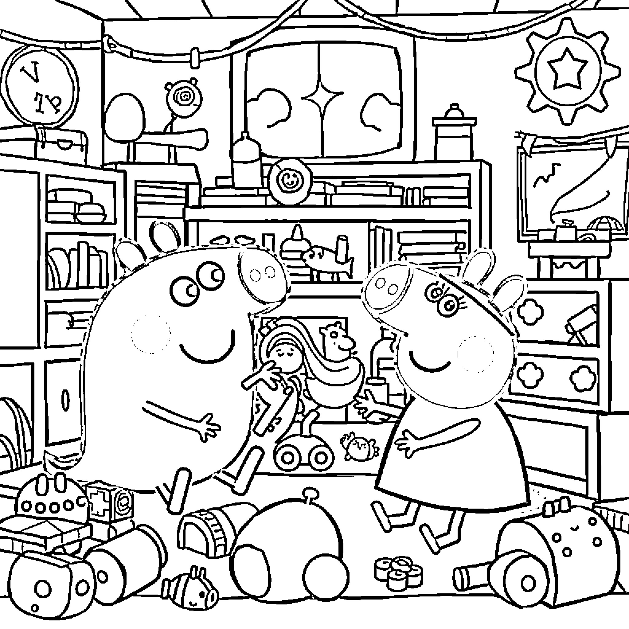 Ghost Spider's Playful Adventure in a Cozy Workshop Coloring Page (free black-and-white line drawing printable PDF for all, from beginners to advanced learners, including children, teens, adults, and seniors)