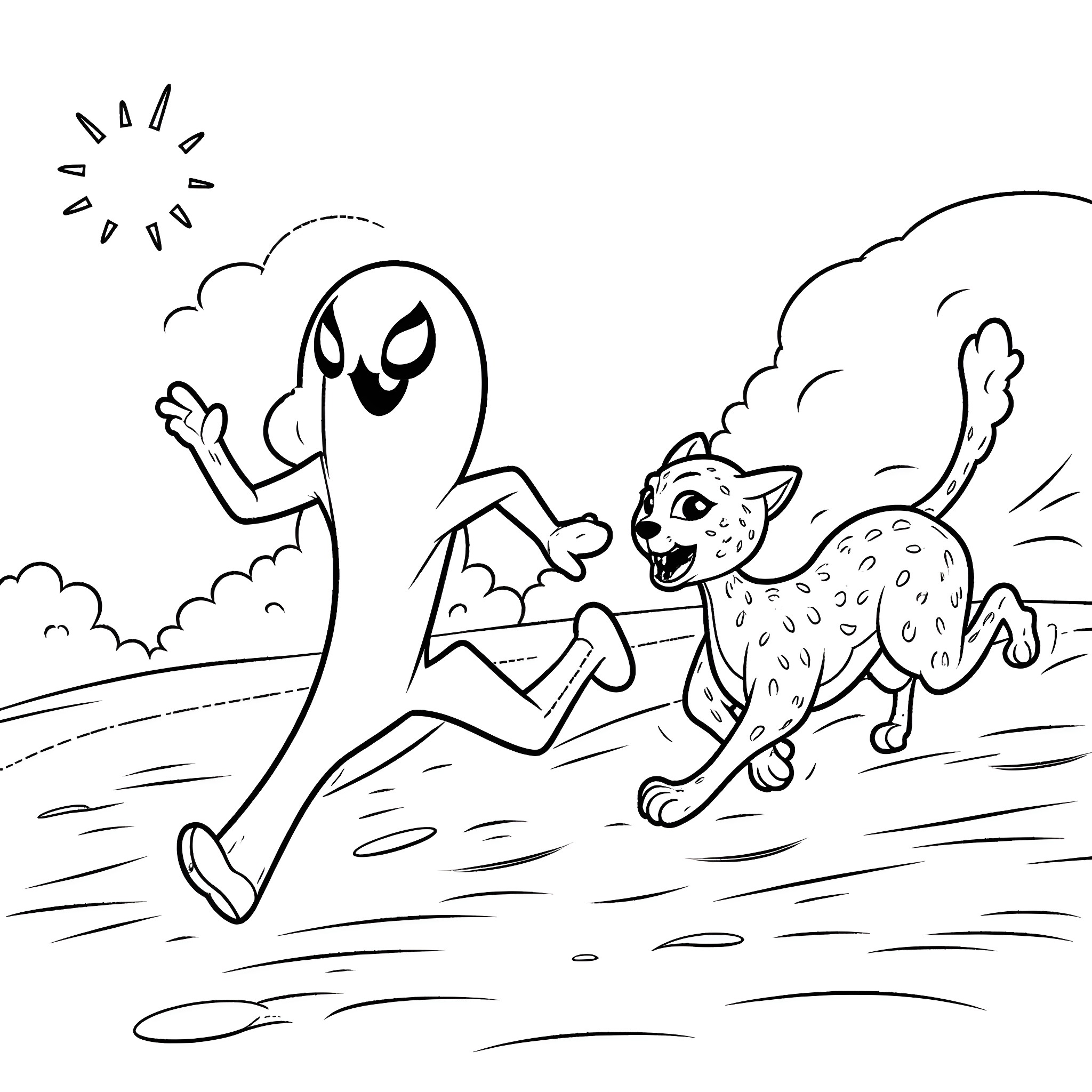 Ghost Spider and Spotted Creature in a Playful Chase Coloring Page (free black-and-white line drawing printable PDF for all, from beginners to advanced learners, including children, teens, adults, and seniors)
