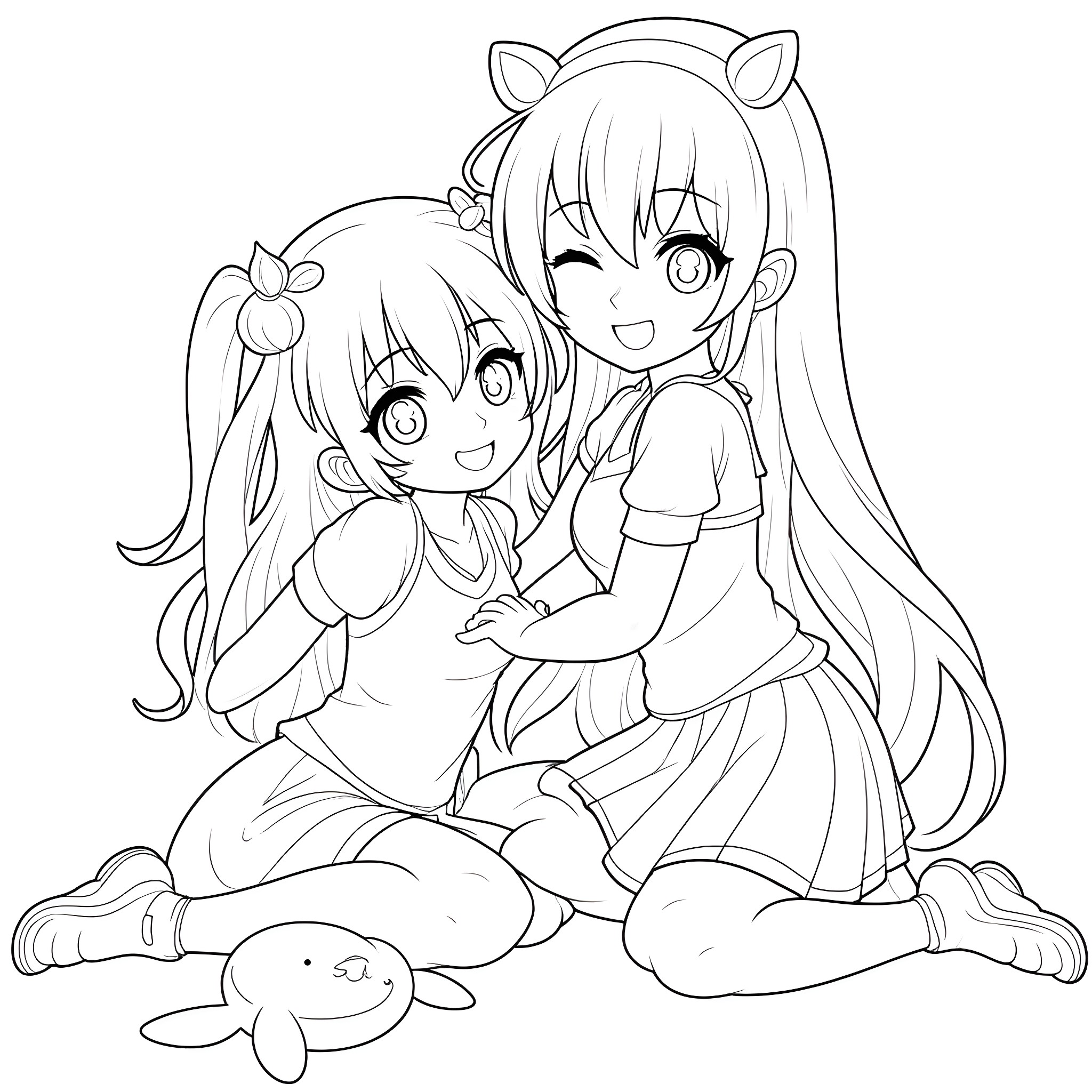 Anime Girls Hugging and Smiling with Plush Toy Coloring Page (free black-and-white line drawing printable PDF for all, from beginners to advanced learners, including children, teens, adults, and seniors)