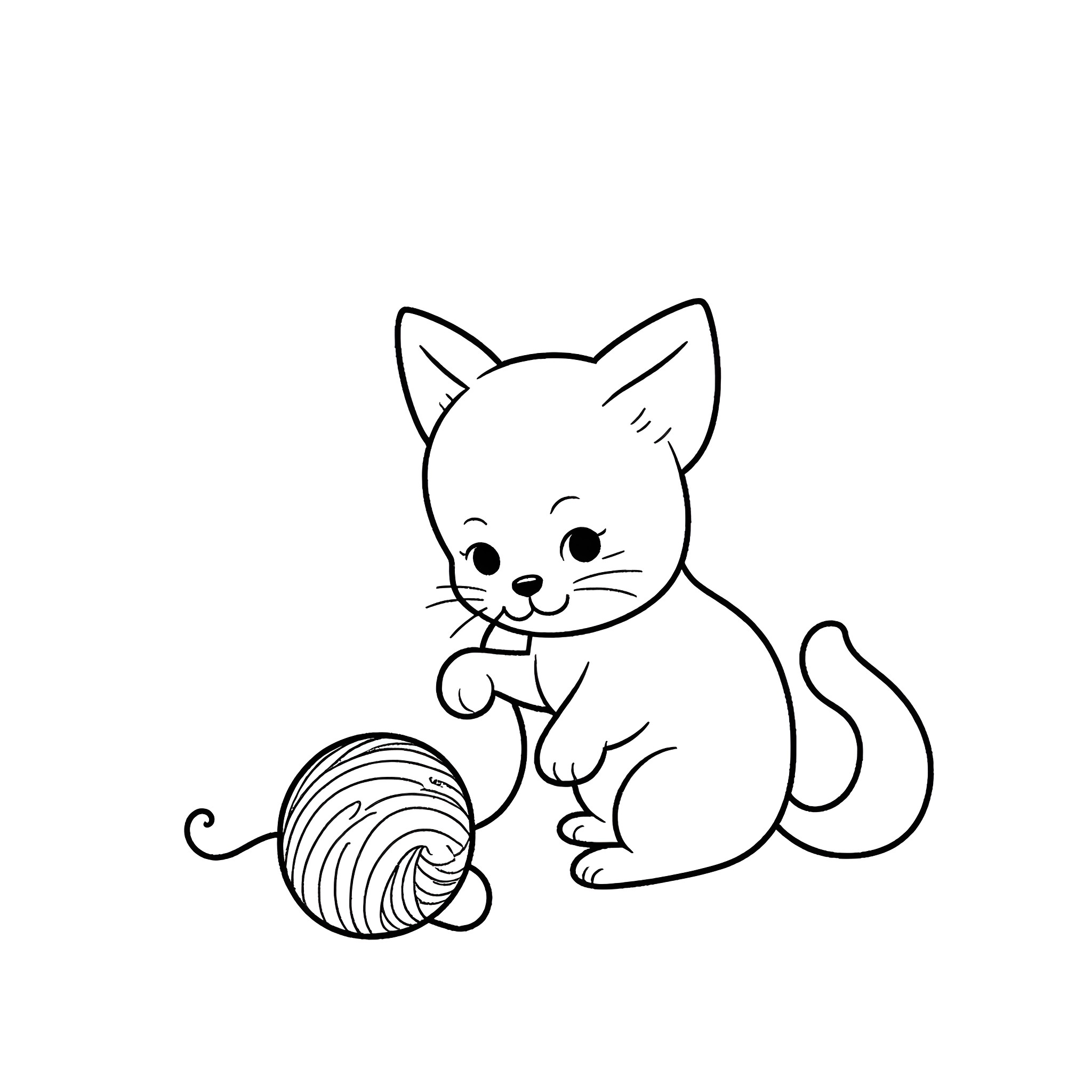 Cat playing with a ball of yarn Coloring Page (free black-and-white line drawing printable PDF for all, from beginners to advanced learners, including children, teens, adults, and seniors)