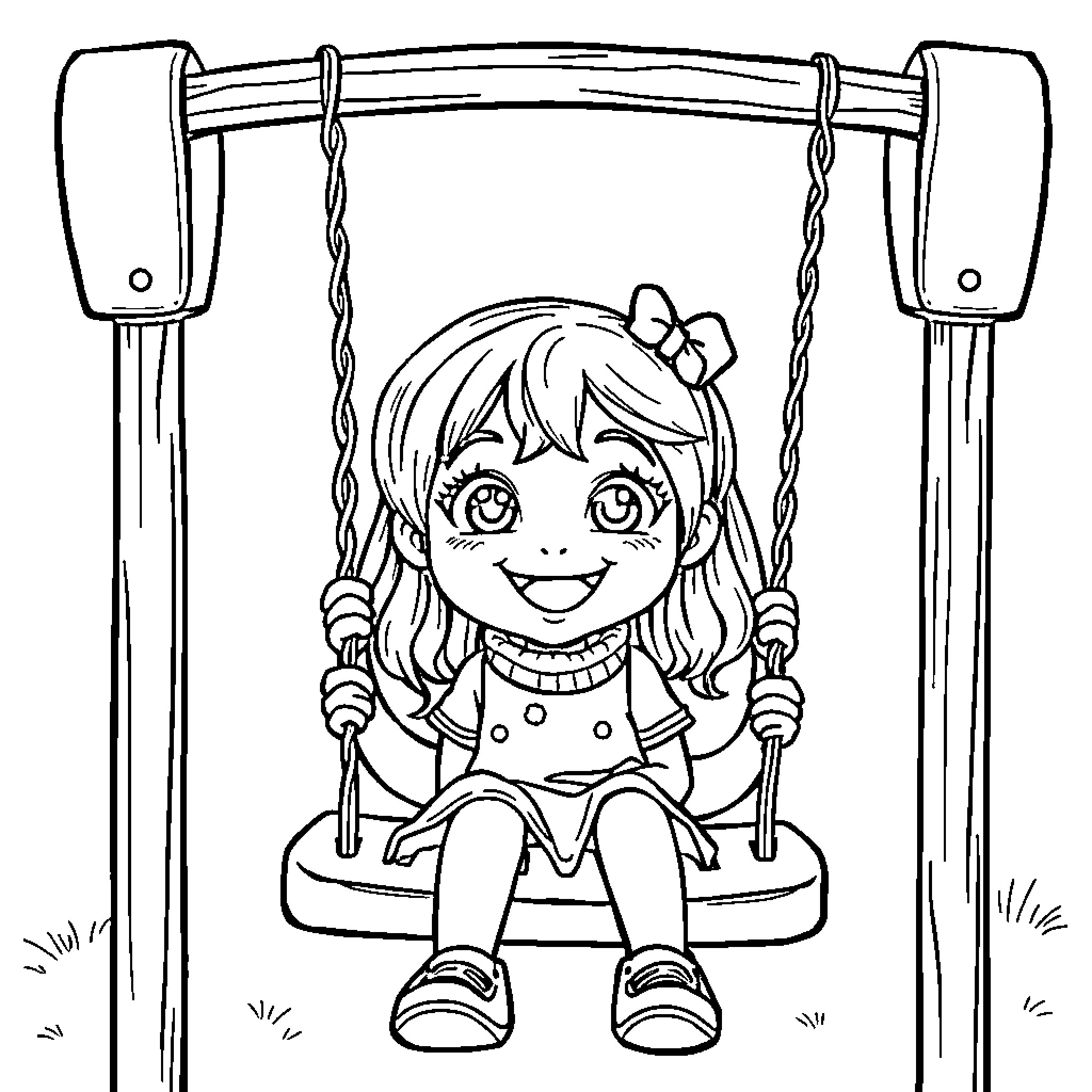 Gabi playing happily on the swing Coloring Page (free black-and-white line drawing printable PDF for all, from beginners to advanced learners, including children, teens, adults, and seniors)
